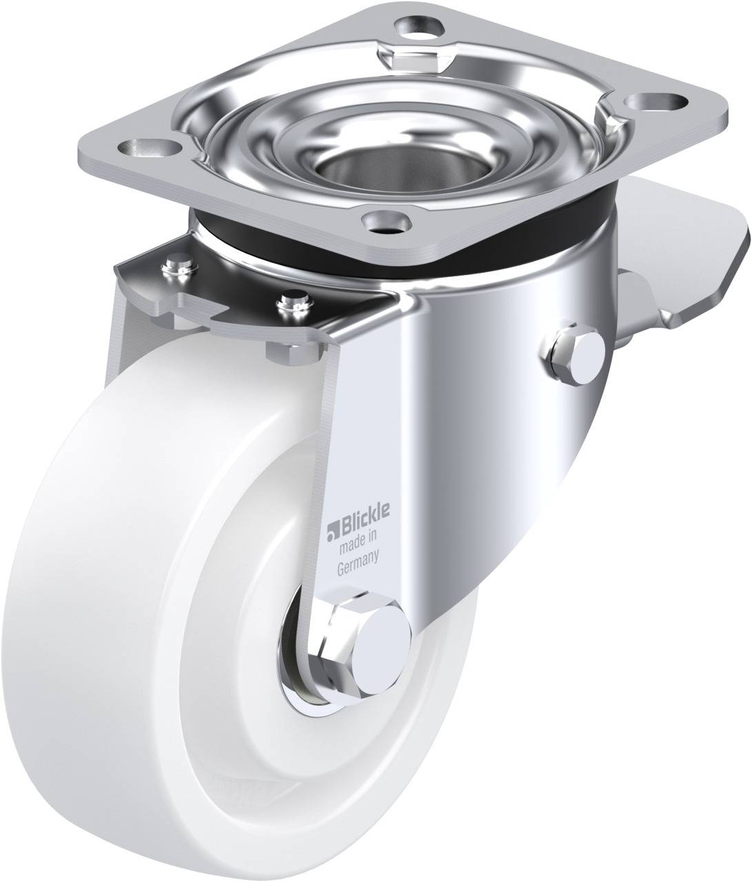 Lenkrolle mit weißem Rad und silbernem Gehäuse, hergestellt von Blickle in Deutschland.