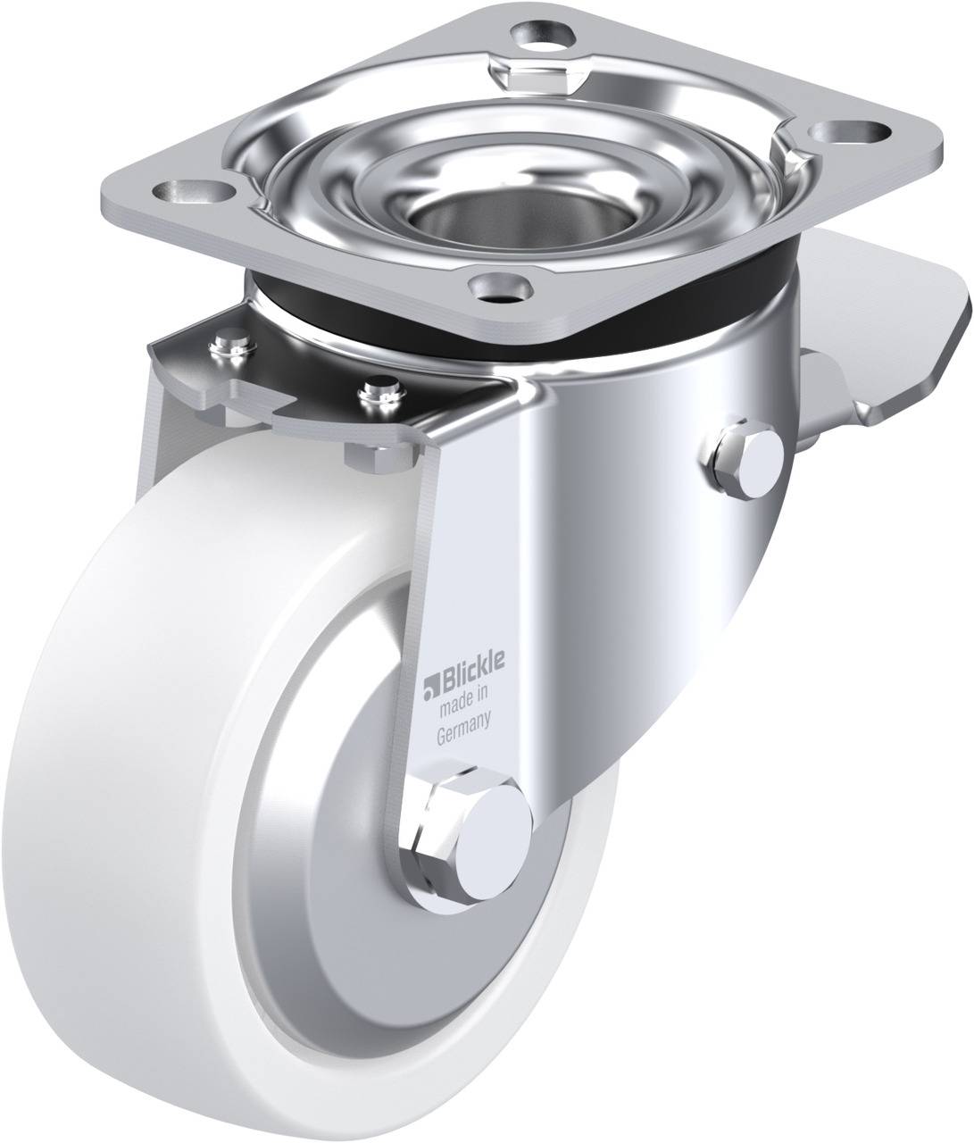 Industrie-Lenkrolle aus Metall mit weißem Rad, geeignet für schwere Lasten, zeigt stabilen Aufbau und Befestigungsplatte.