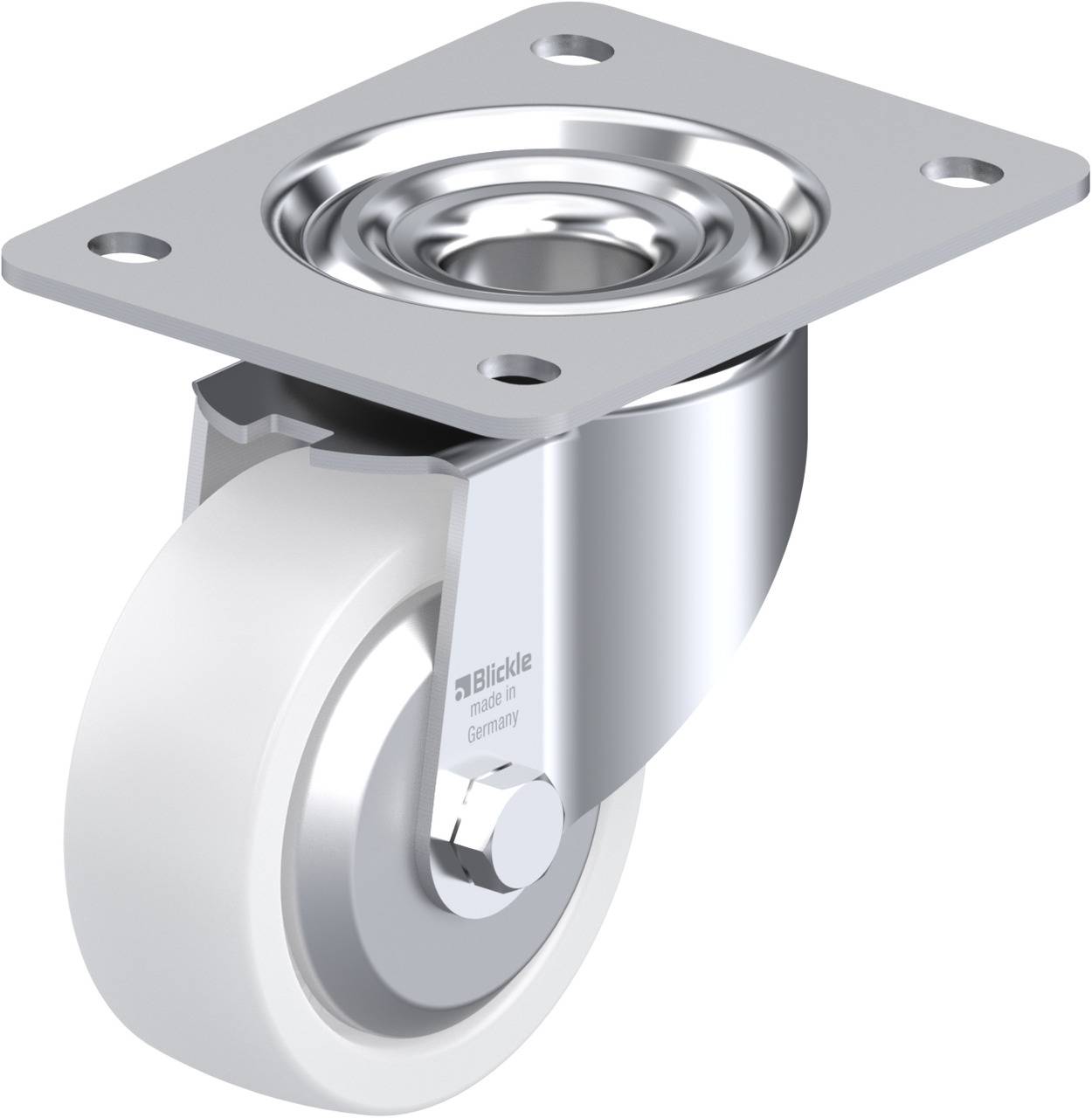 Rolle mit Metallgehäuse und weißem Rad, montiert für Möbel oder Geräte, zeigt Bewegungsmechanismus und Befestigungsplatte.