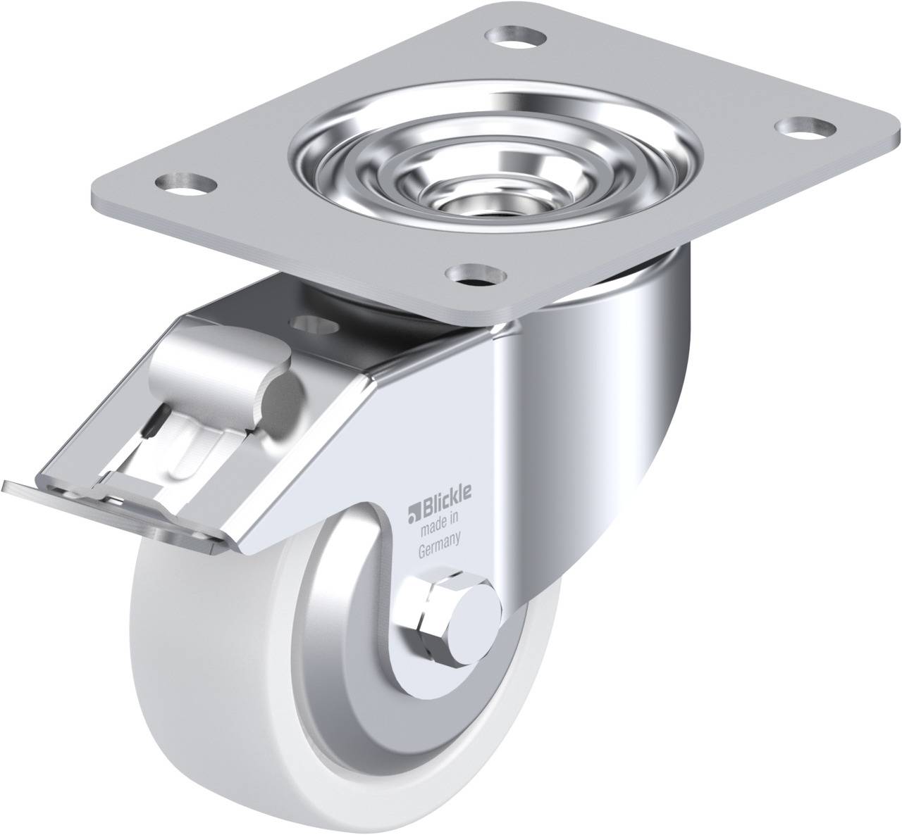 Metallisches Lenkrolle mit einer Platte zur Befestigung. Rolle ist weiß, Gehäuse glänzend silbern.