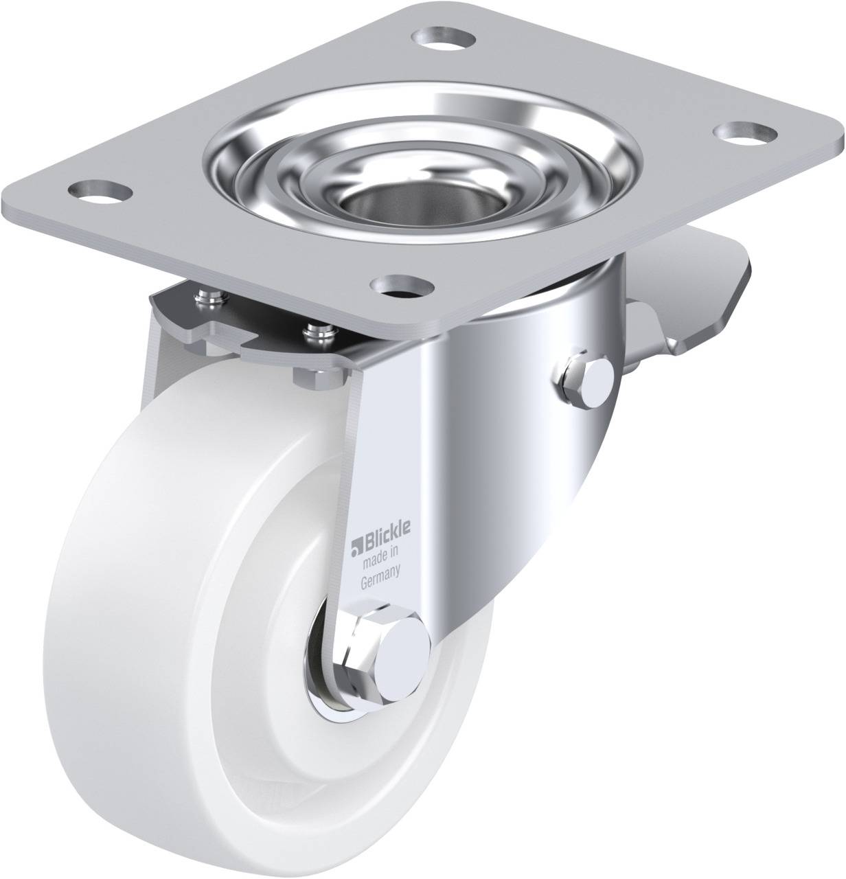 Schwenkrolle mit Metallplatte und weißem Rad, geeignet für Möbel oder Transportgeräte, auf hellem Hintergrund dargestellt.