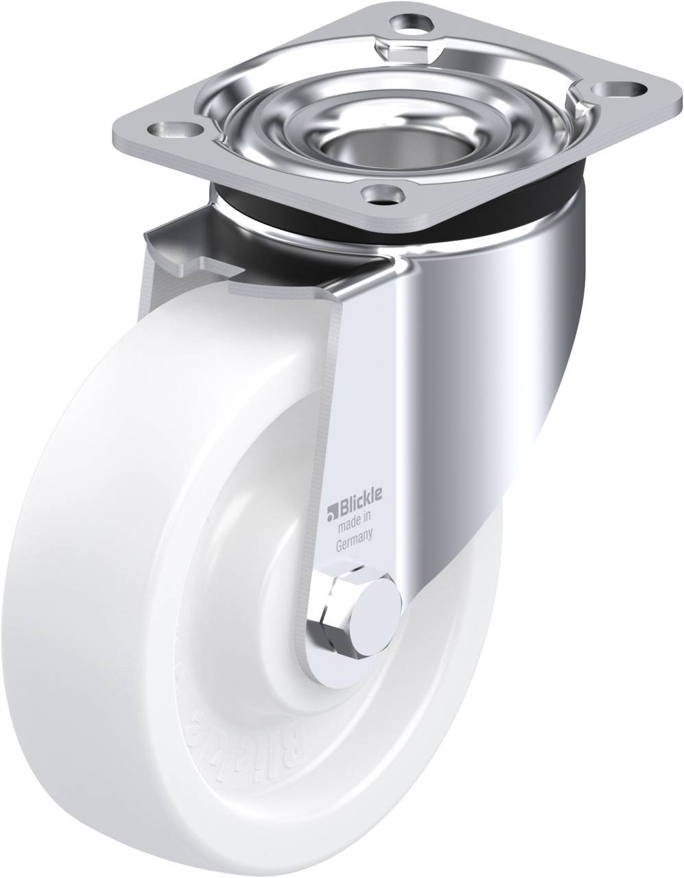 Ein Metall-Lenkrolle mit weißem Rad und rechteckiger Befestigungsplatte. Verwendet in Möbelsystemen oder zur Lastenbewegung.