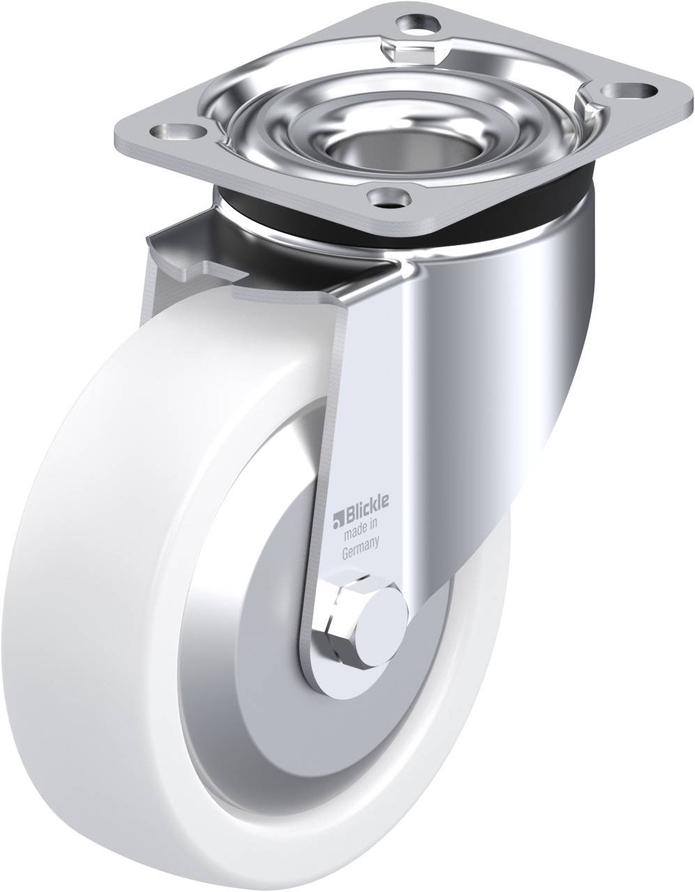 Schwenkrolle mit weißem Rad und silbernem Metallgehäuse, geeignet für Möbel oder leichte Geräte.