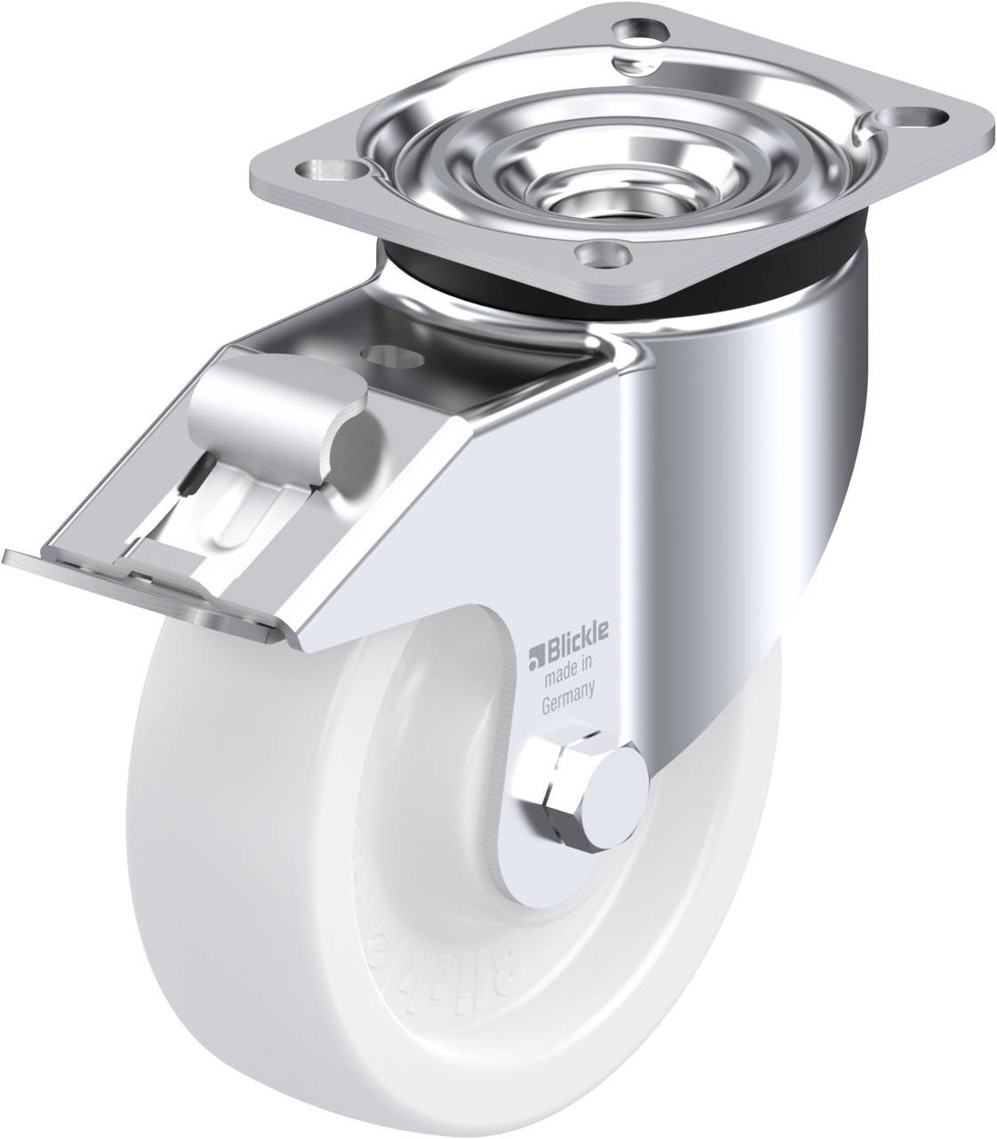 Eine silberne Metall-Lenkrolle mit weißem Rad, geeignet für Möbel oder Geräte, ermöglicht leichte Bewegung und Drehung.