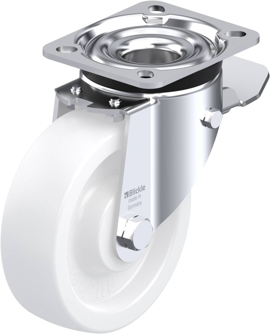 Eine weiße Lenkrolle mit Metallhalterung und Feststellbremse, geeignet zum Befestigen an Möbeln oder Geräten für Mobilität.