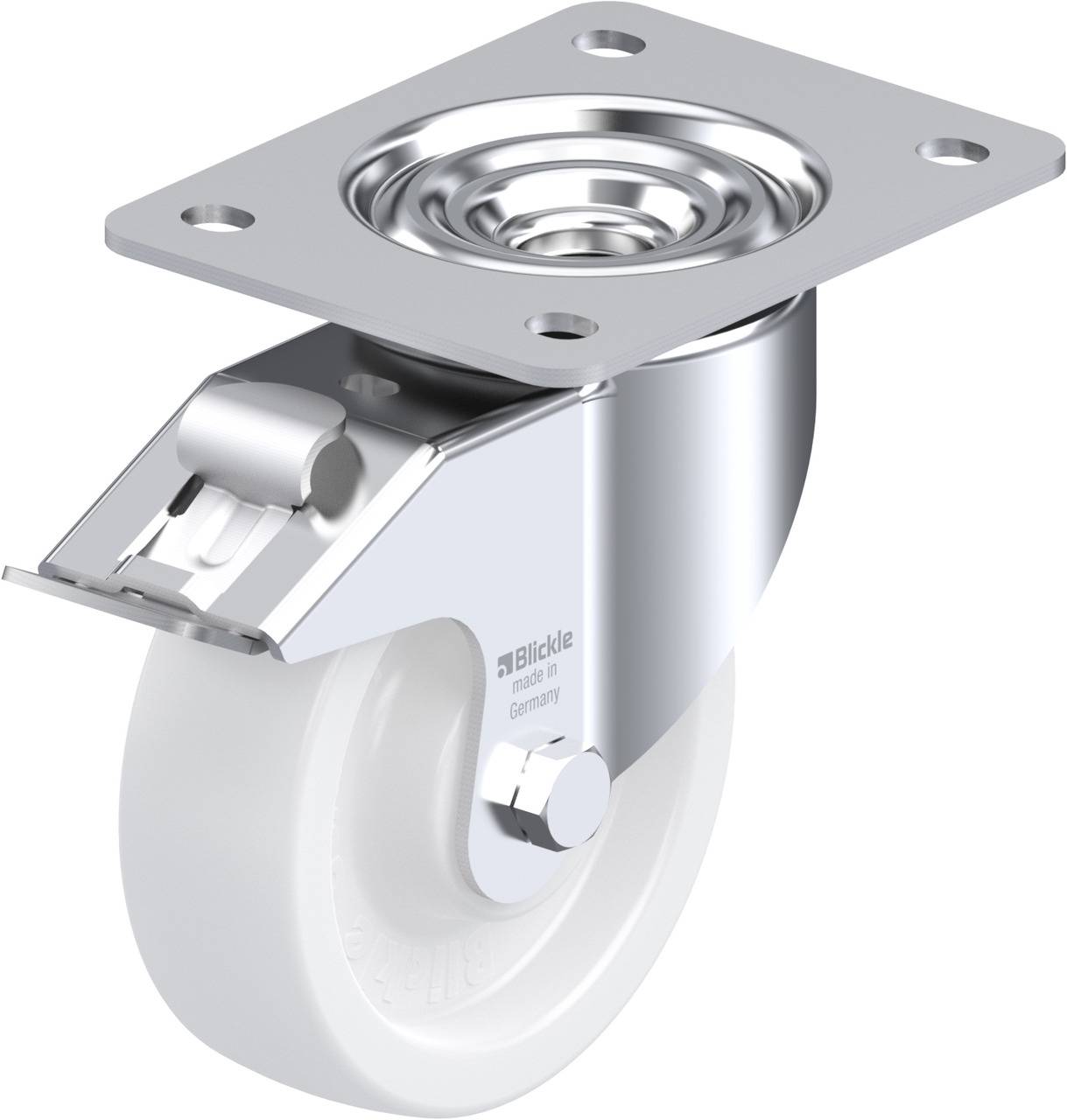 Eine silberne Lenkrolle mit weißem Rad. Sie hat eine Befestigungsplatte mit vier Löchern zum Montieren.