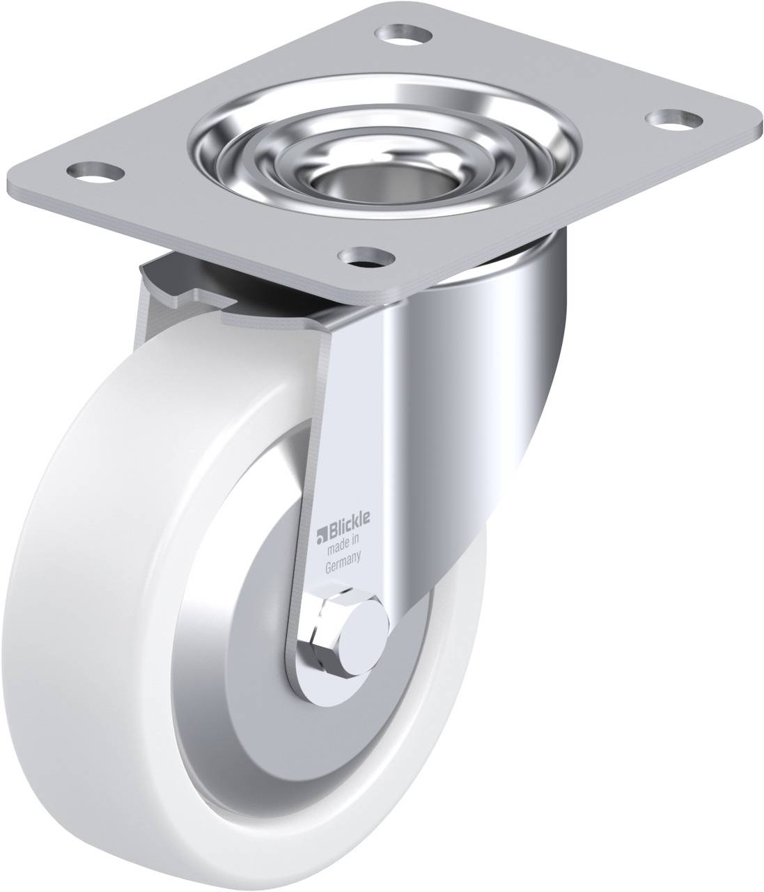 Ein weißes Schwenk-Rollenrad aus Metall und Kunststoff mit rechteckiger Befestigungsplatte, geeignet für Möbel oder Geräte.