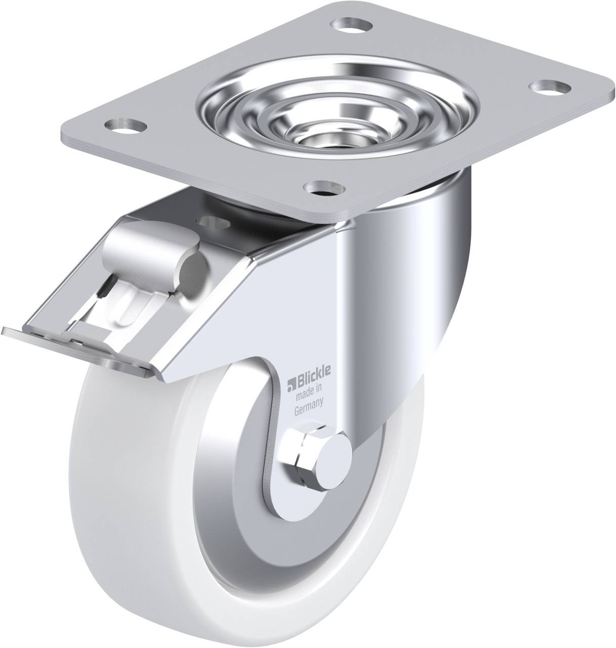 Industrie-Schwenkrolle aus Metall und Kunststoff mit Befestigungsplatte und Bremse, geeignet für schwere Lasten.