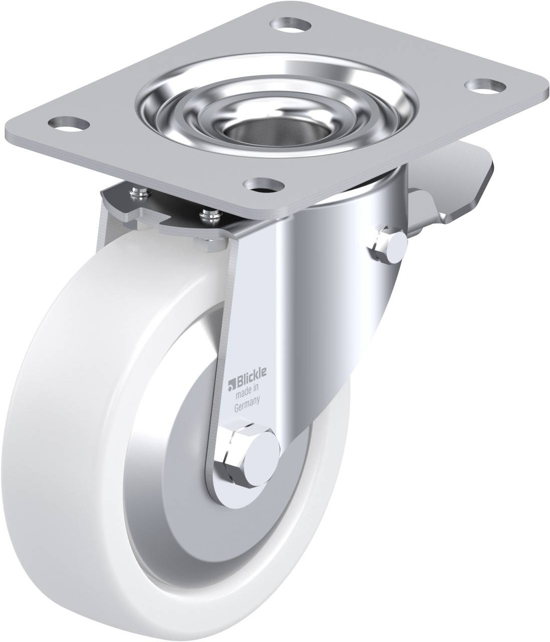 Industrielle Lenkrolle mit weißem Rad und silbernem Gehäuse, geeignet für schwere Lasten.