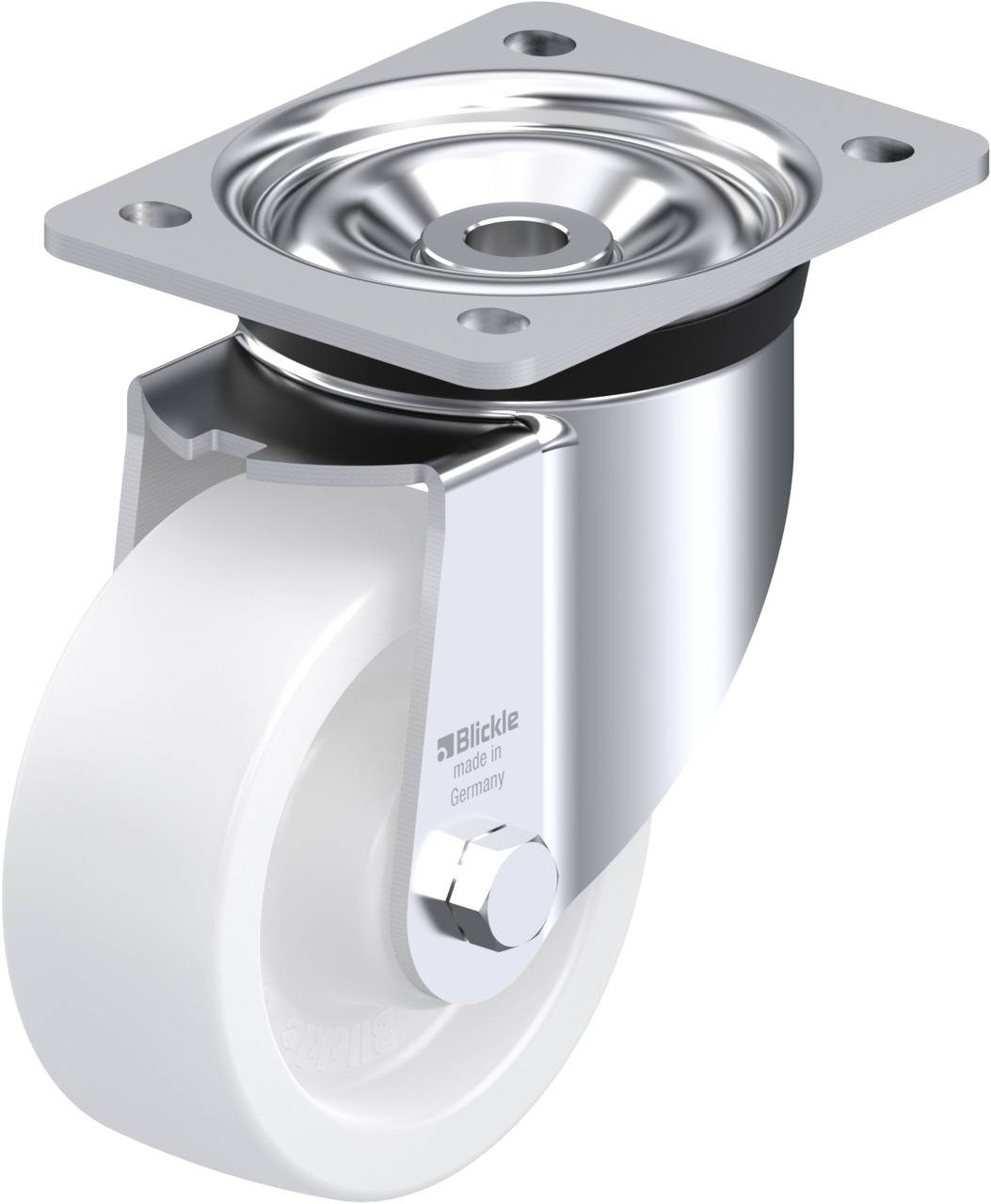 Eine robuste Lenkrolle aus Metall mit weißem Rad, geeignet für Möbel oder Industrieanwendungen.