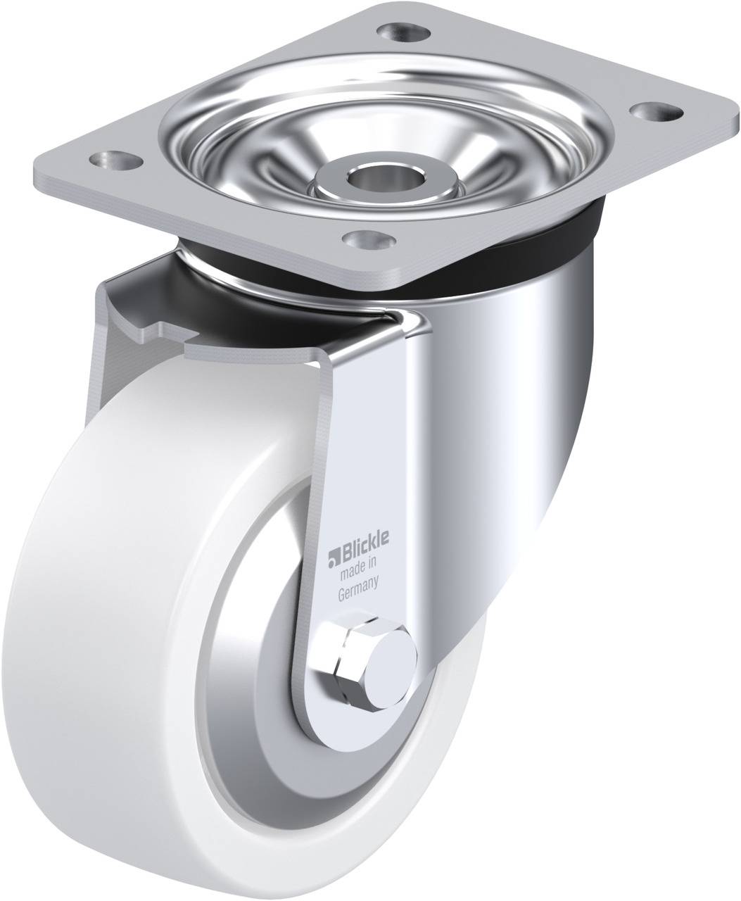 Silberne Metallrolle mit weißem Kunststoffrad und Befestigungsplatte. Geeignet für den Einsatz an Möbelstücken oder Geräten.