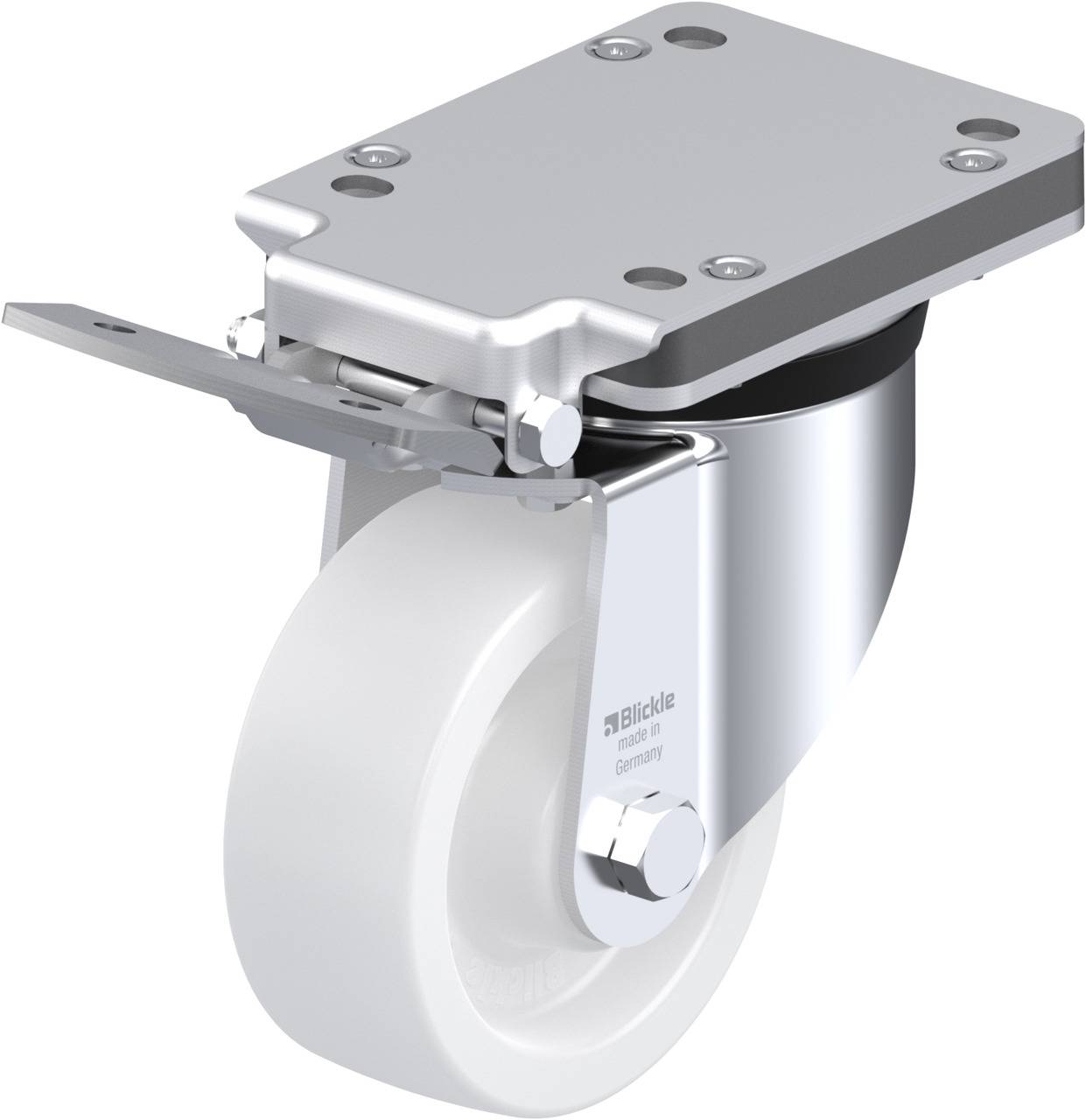 Schwenkrolle mit weißem Rad und silbernem Gehäuse, geeignet für den industriellen Einsatz, auf einer Metallplatte montiert.