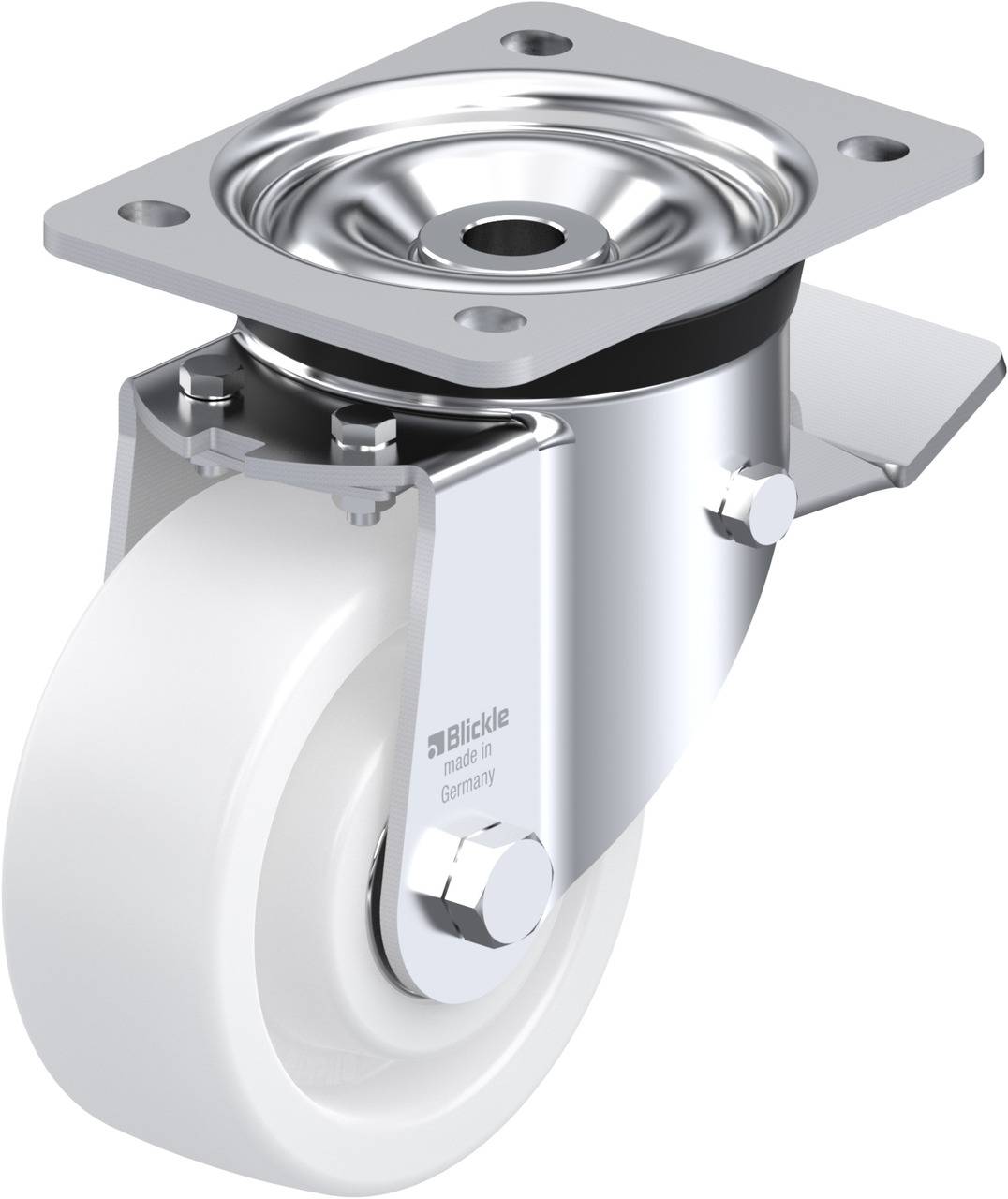 Schwenkrolle mit grauem Rad und silbernem Gehäuse, geeignet für industrielle Anwendungen. Hersteller: Blickle, made in Germany.