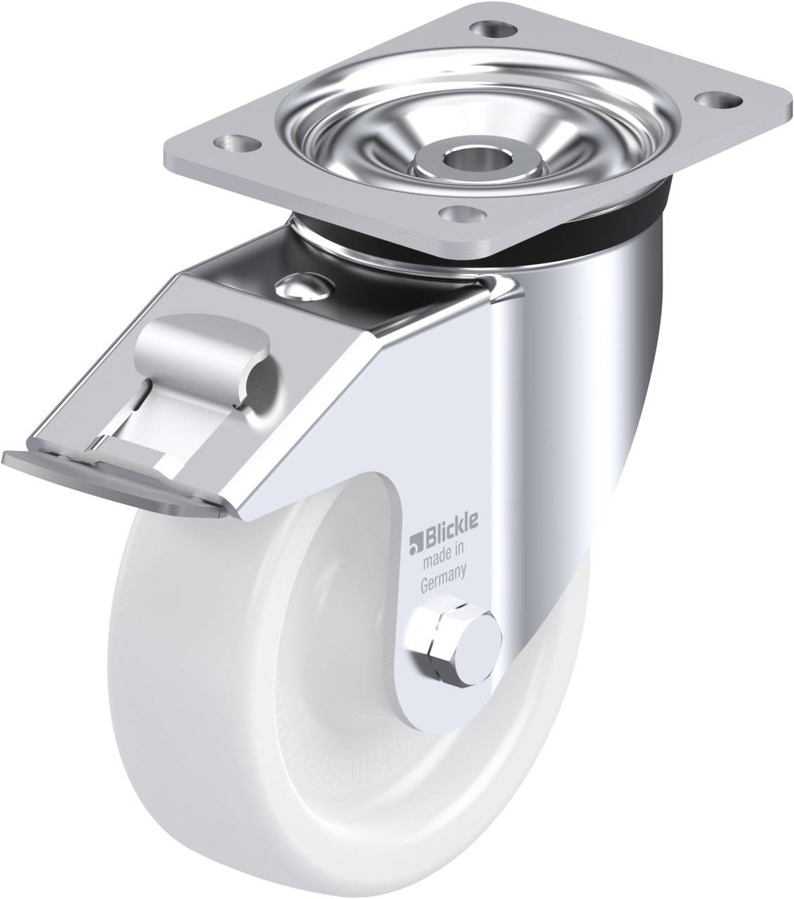 Metallrolle mit weißem Rad und einem Metallgehäuse. Es hat oben eine rechteckige Befestigungsplatte.