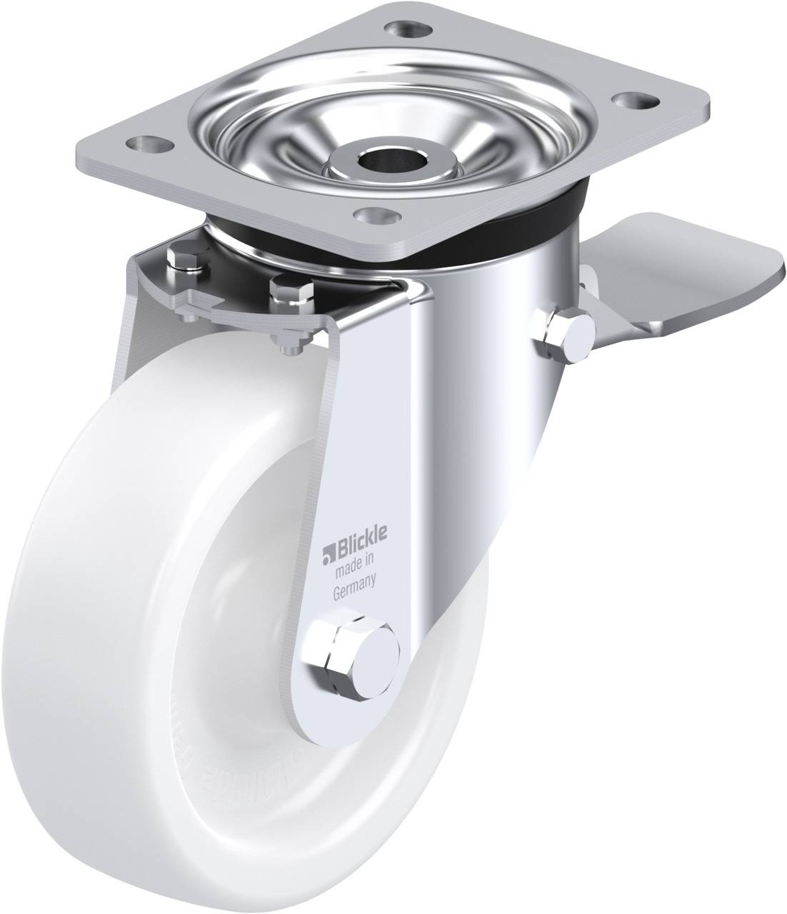 Lenkrolle aus Metall mit weißem Rad und Bremse, geeignet für industrielle Anwendungen.