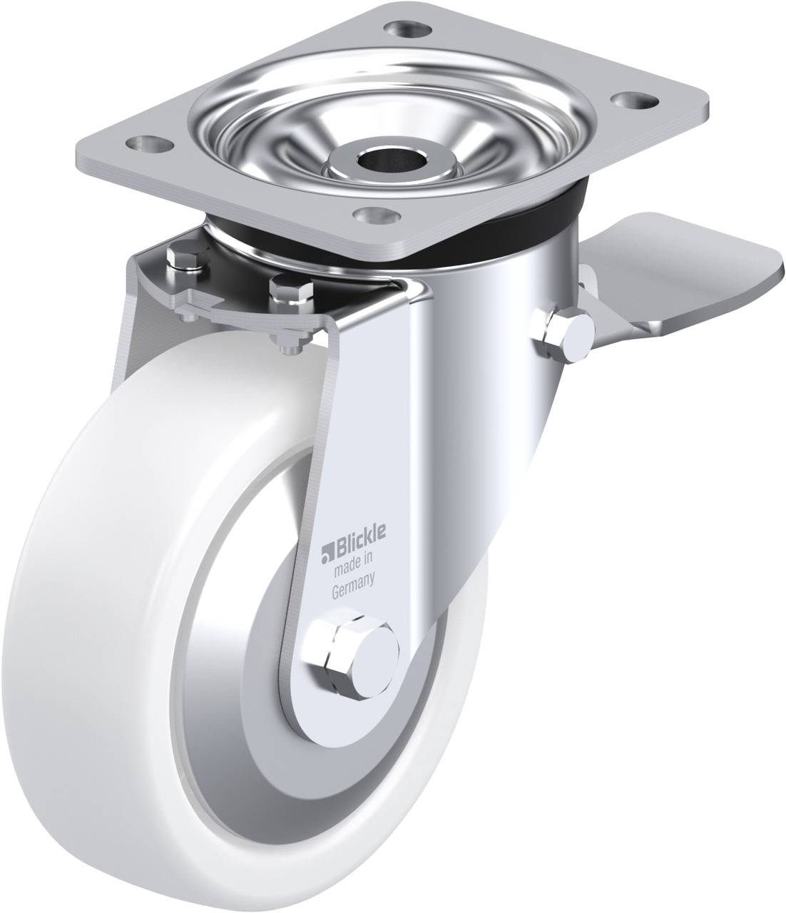 Schwenkrolle mit weißem Rad und metallener Halterung, geeignet für Möbel oder Wagen; ausgestattet mit Befestigungsplatte und Bremse.