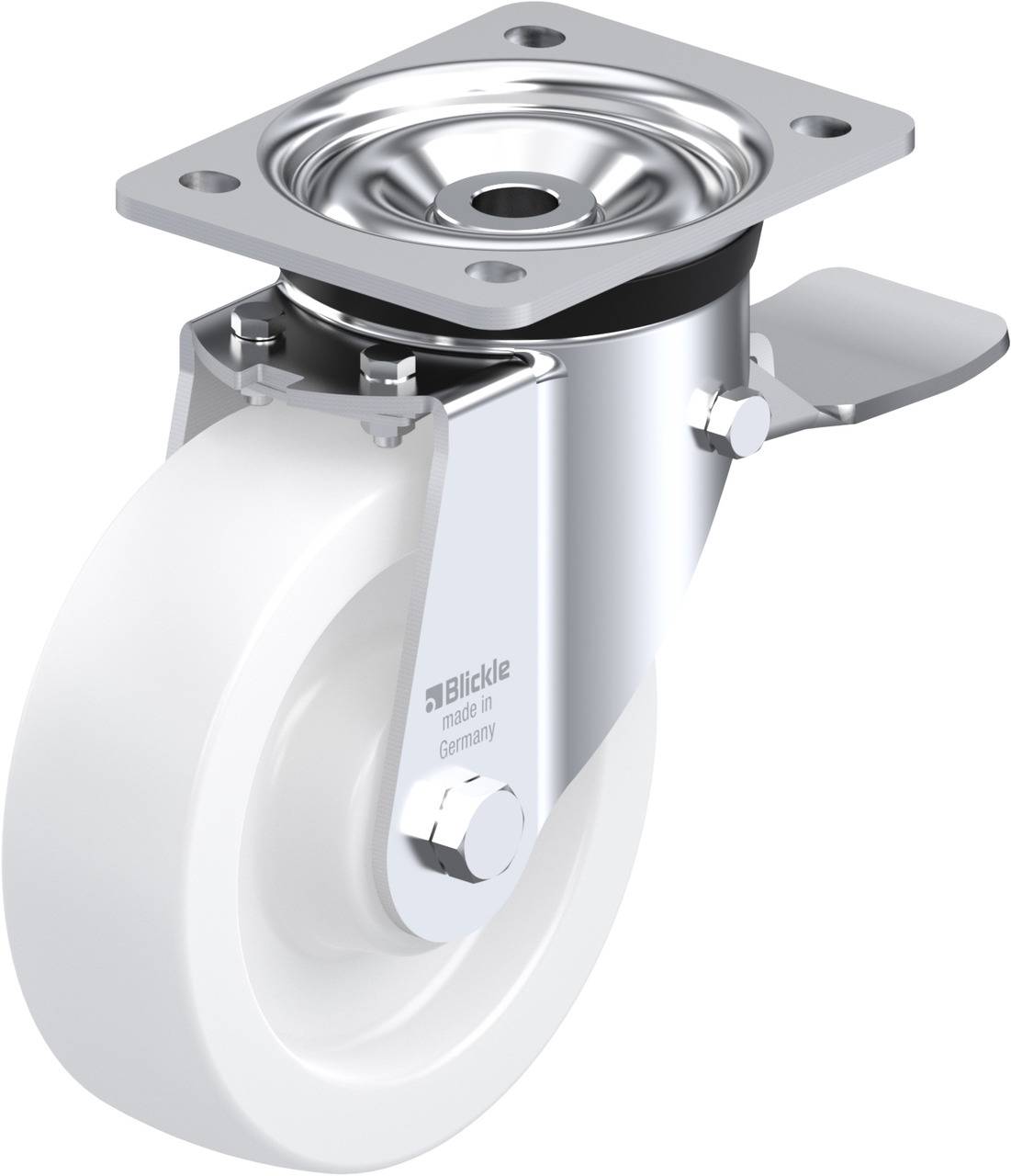 Schwenkrolle mit weißem Rad und Metallgehäuse, geeignet für Schwerlastanwendungen. Markenname und Herkunftsland aufgedruckt.