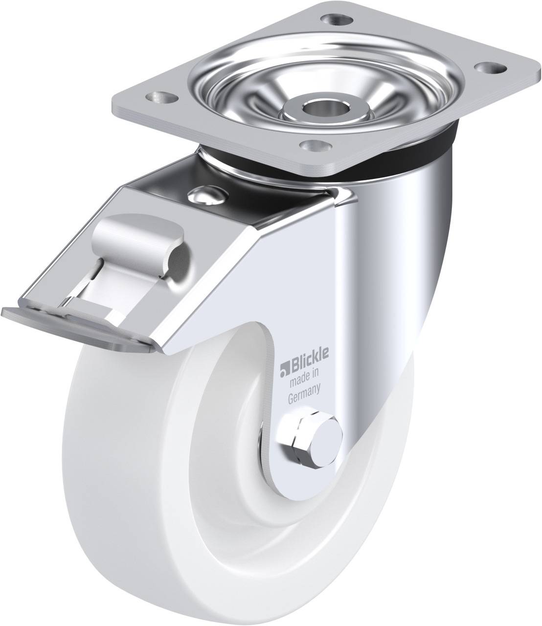 Ein glänzendes Lenkrollenrad mit Befestigungsplatte und Stoppermechanismus; auf der Seite ist 'Blickle made in Germany' zu sehen.
