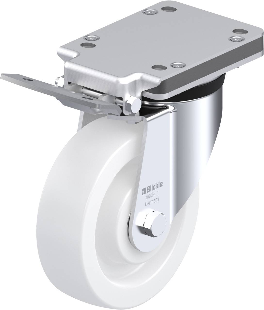 Industrie-Lenkrolle aus Metall mit weißem Rad. Oben eine rechteckige Montageplatte zur Befestigung. Geeignet für schwere Lasten.