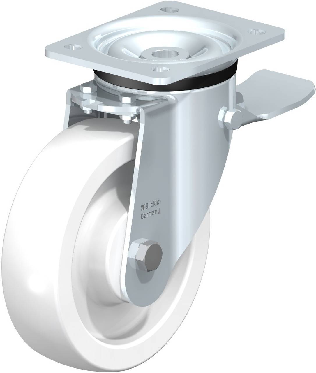 Industrie-Lenkrolle aus Metall und Kunststoff mit Bremse, geeignet für Schwerlastanwendungen.