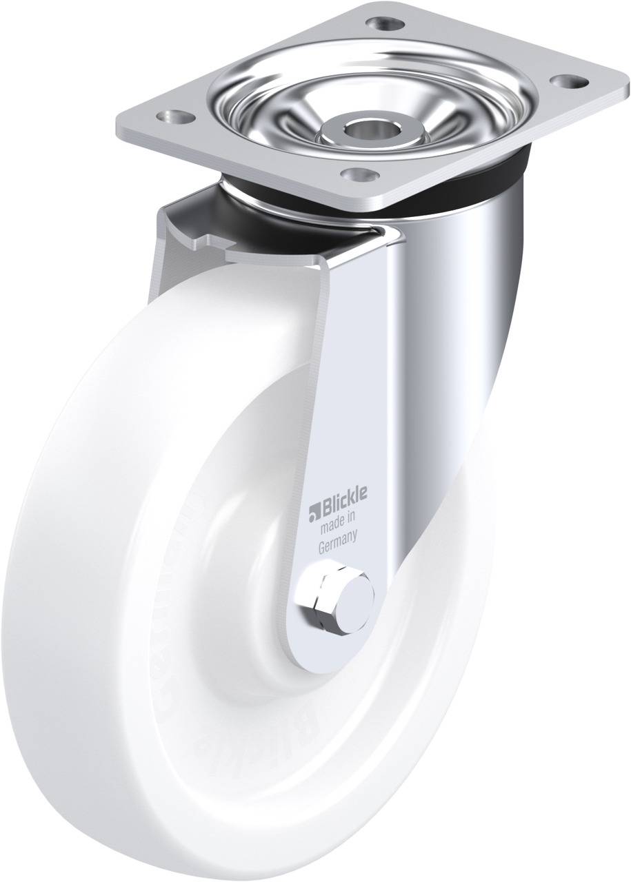 Ein weißes Lenkrad aus Kunststoff mit silbernem Metallgehäuse und Montageplatte, geeignet für den Einsatz an Möbeln oder Geräten.