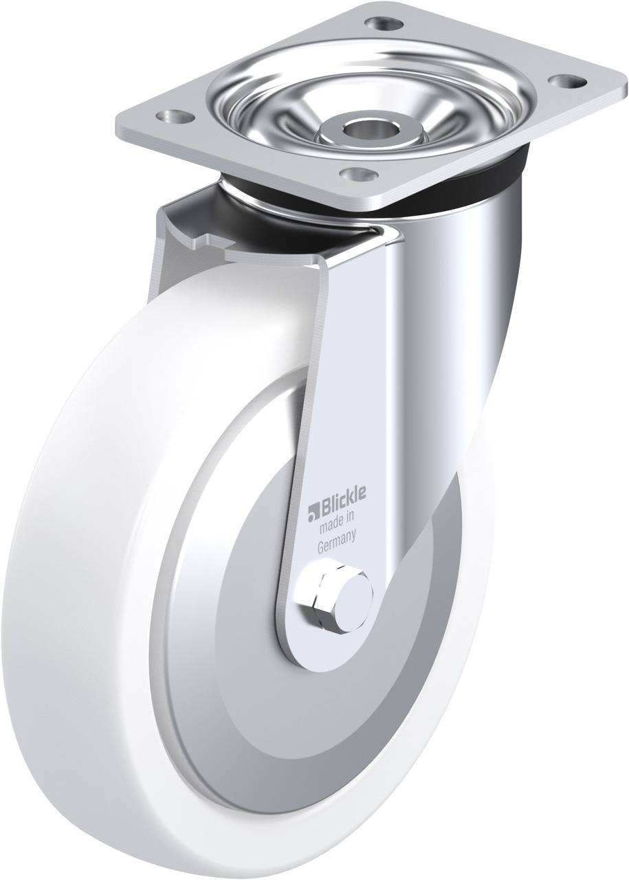 Schwenkrolle mit weißem Rad und silbernem Gehäuse für industrielle Anwendungen. Markiert mit 'made in Germany'.