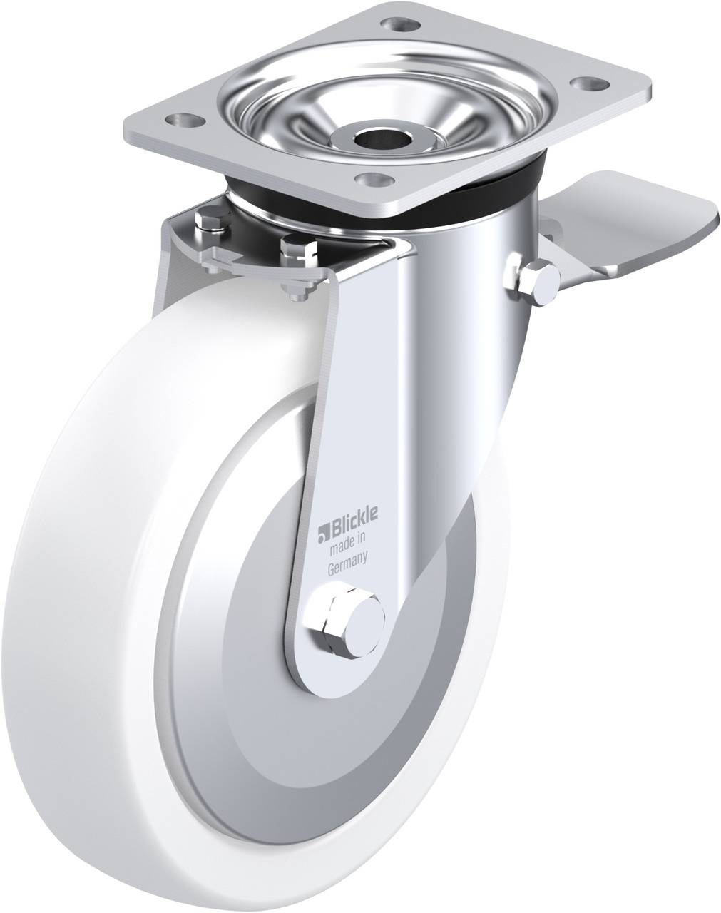 Schwenkrolle mit feststellbarem Gehäuse und weißem Rad, geeignet für Möbel oder Wagen, hergestellt von Blickle.