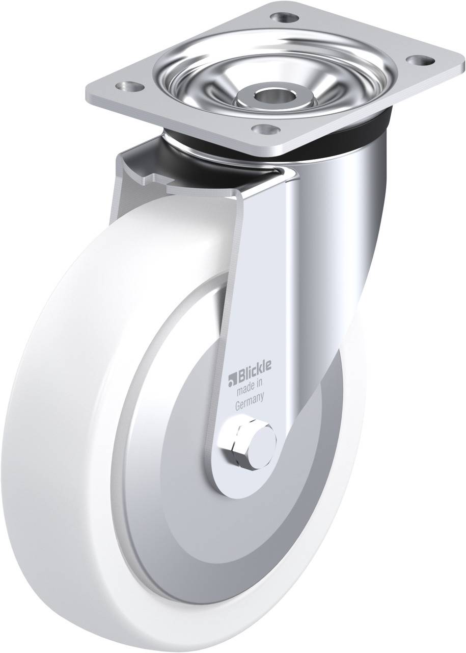 Schwenkrolle mit weißem Rad und silbernem Halter, geeignet für Möbel oder Transportgeräte.