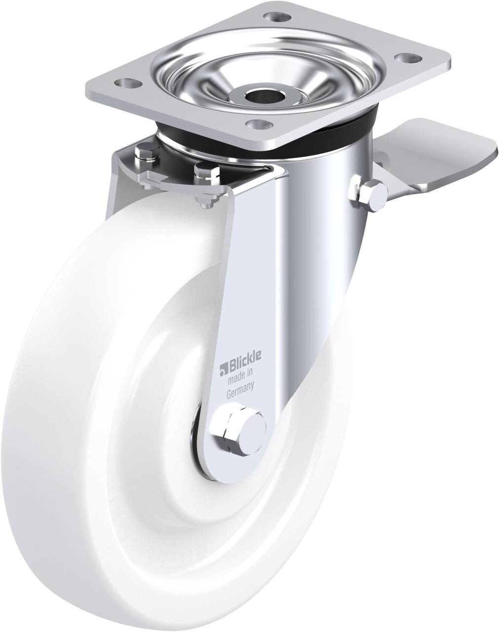 Metallrolle mit weißem Rad und Bremse an der Seite; Hochbelastbar, für Wagen oder Möbel geeignet.
