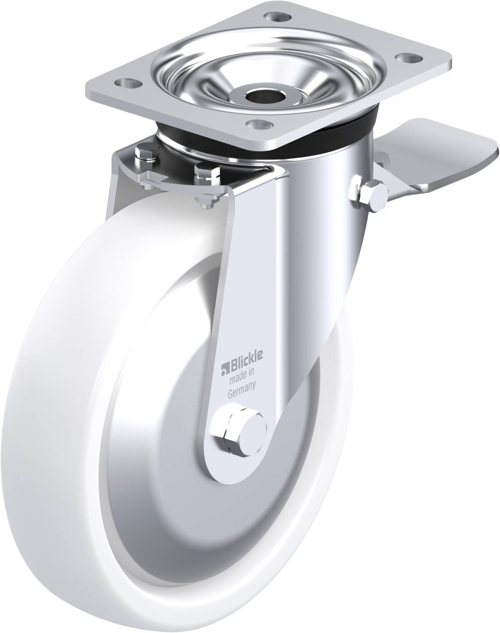Schwenkrolle aus Metall und Kunststoff mit Bremse, ideal für Möbel oder Geräte. Robustes Design für Stabilität und einfache Bewegung.