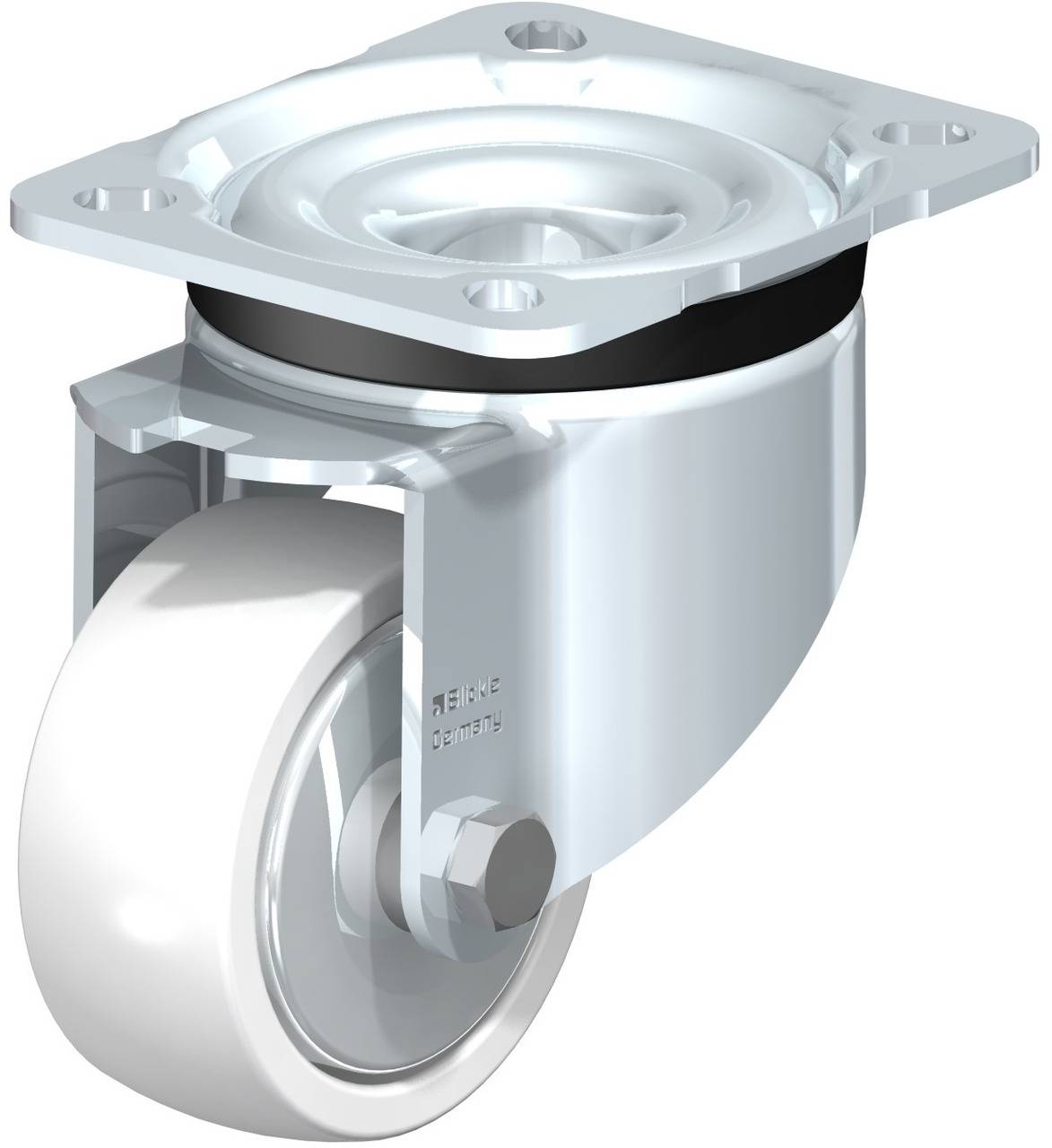 Ein drehbares Transportrollenrad, geeignet für Möbel oder Transportgeräte, mit Metallgehäuse und weißem Kunststoffrad für leichte Beweglichkeit.