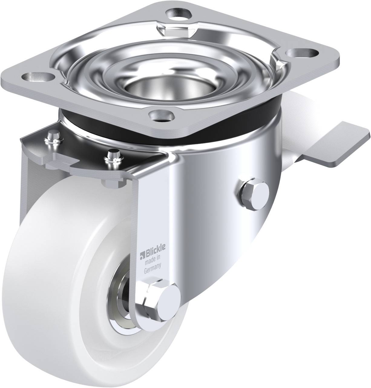 Metallrolle mit weißem Rad, montiert auf drehbarer Halterung, geeignet für Möbel oder Geräte, zur einfachen Bewegung und Stabilität.