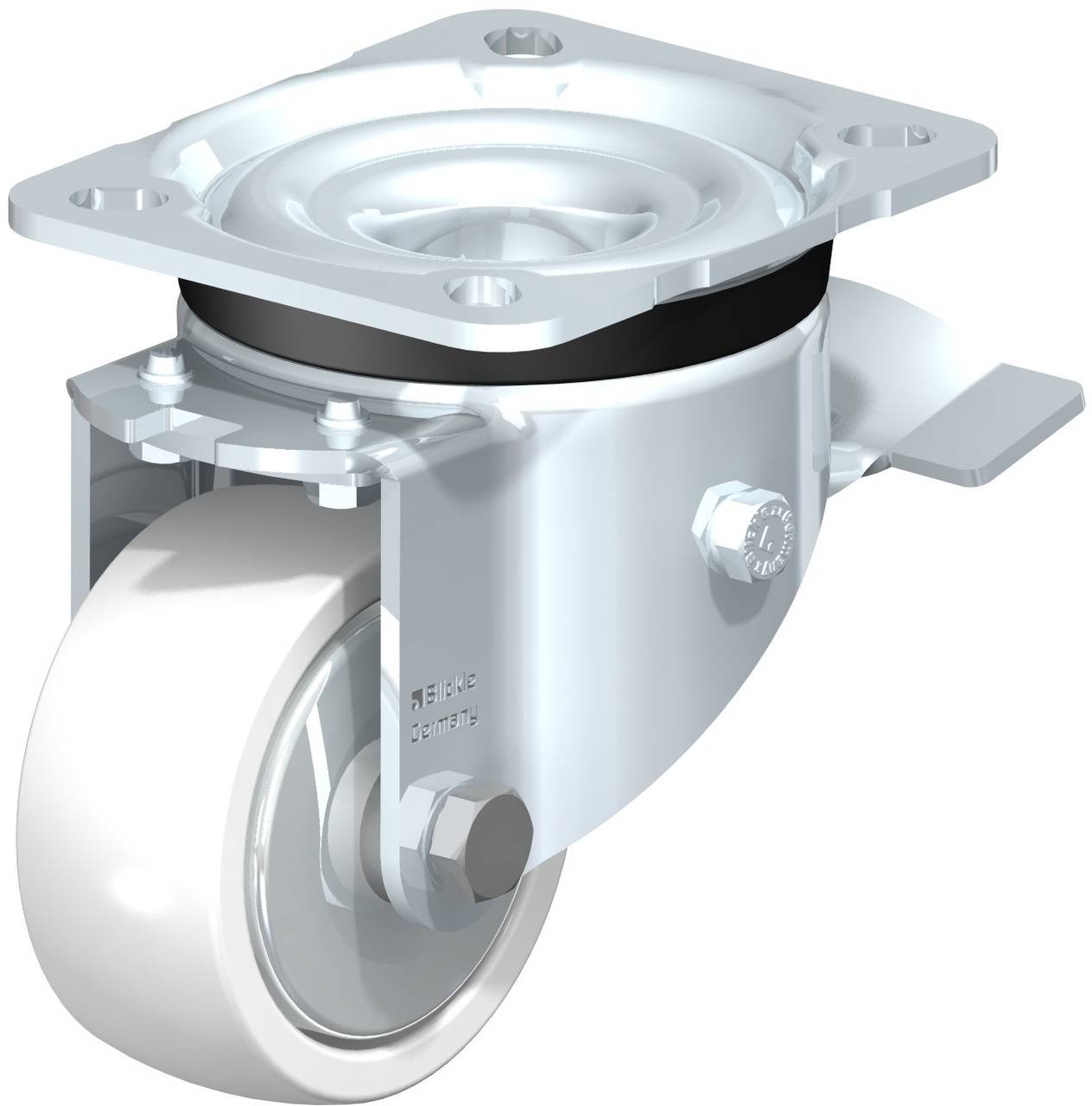 Metallrolle mit Drehgelenk und Bremse, für industrielle Anwendungen geeignet. Hochwertige Materialien gewährleisten Langlebigkeit.