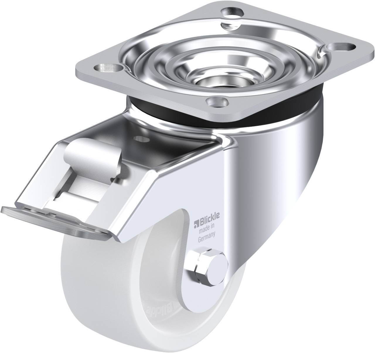 Schwenkrolle aus Metall mit feststellbarer Bremse, glänzende silberne Oberfläche, geeignet für den industriellen Gebrauch.