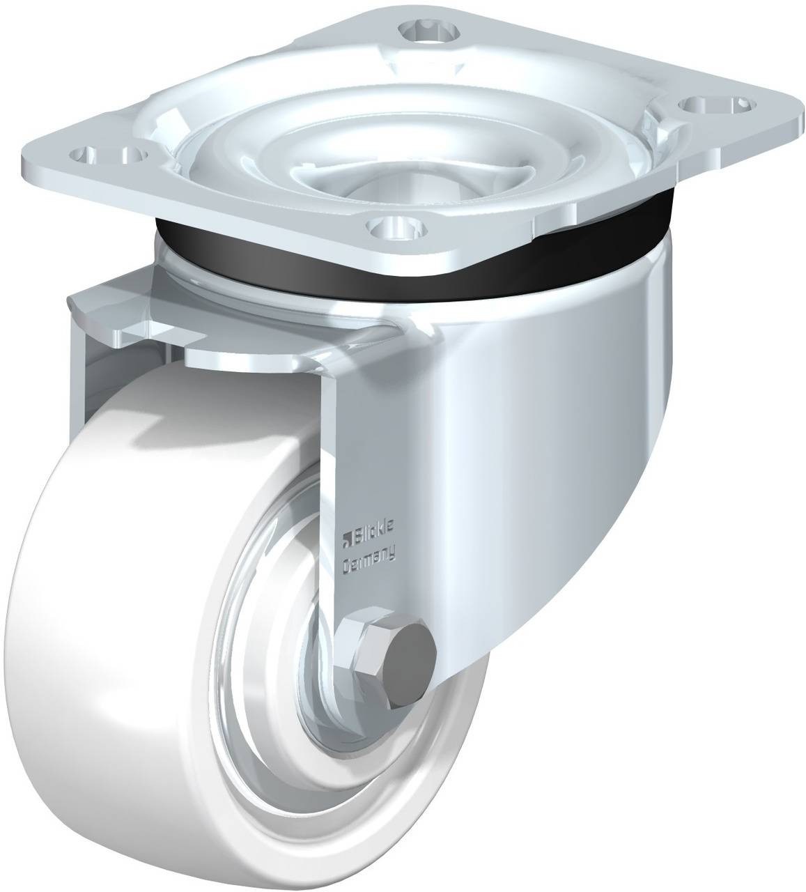 Einzelne Lenkrolle mit weißem Rad und Metallgehäuse, geeignet zur Befestigung an Möbeln oder Geräten für leichte Beweglichkeit.