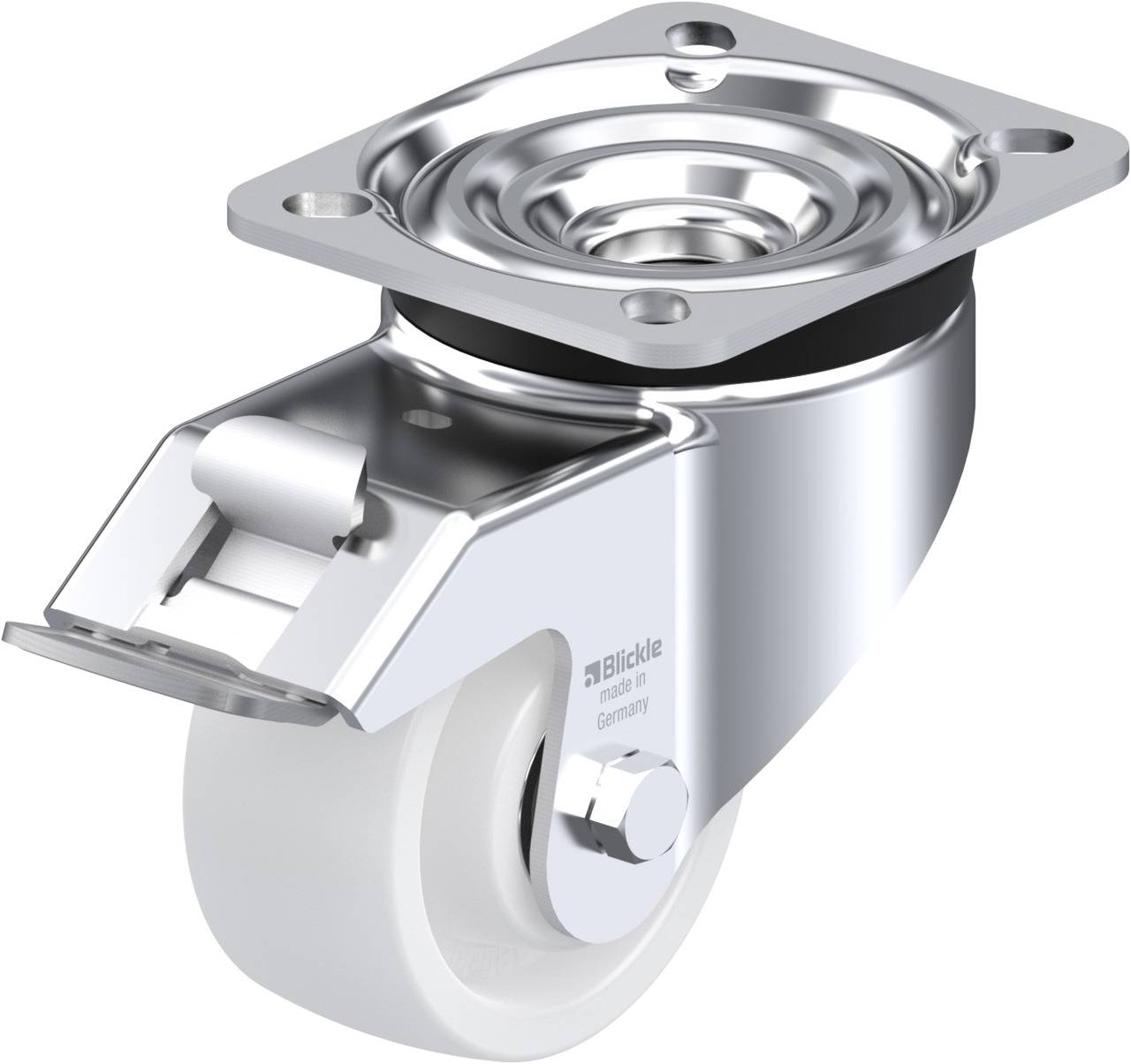Rolle mit Metallplatte und Befestigung, in glänzendem Silber. Geeignet für Möbel oder Geräte mit mobilisierbaren Komponenten.