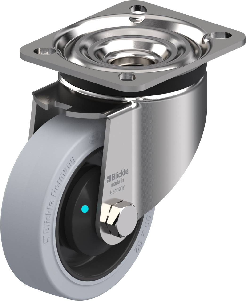 Schwenkrolle mit grauem Rad und Metallaufnahme, gekennzeichnet mit 'Blickle'. Verwendet in Möbeln oder Geräten für einfache Bewegung.