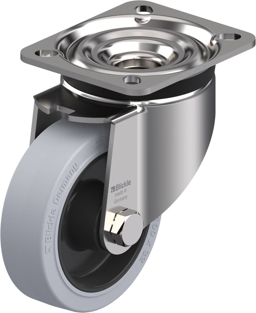 Industrierolle aus Metall mit Drehplatte und grauem Rad. Geeignet für den Einsatz an Möbelstücken oder Transportwagen.