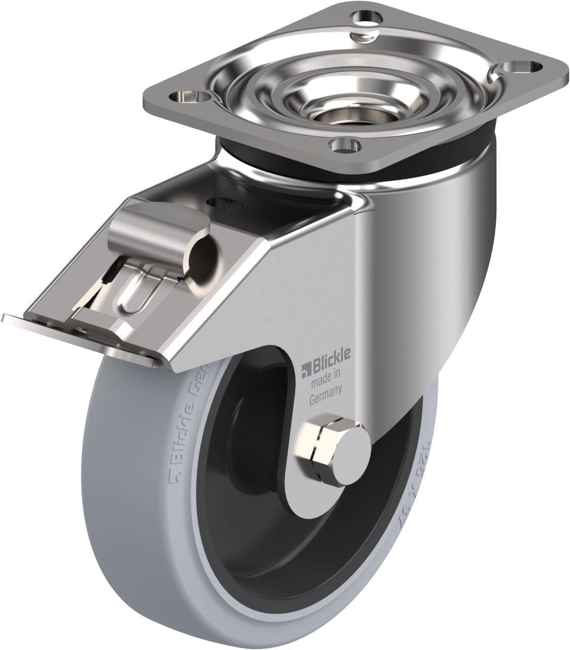 Metallrolle mit grauer Radfläche und drehbarem Befestigungsmechanismus, geeignet für industrielle Anwendungen. Hergestellt in Deutschland.