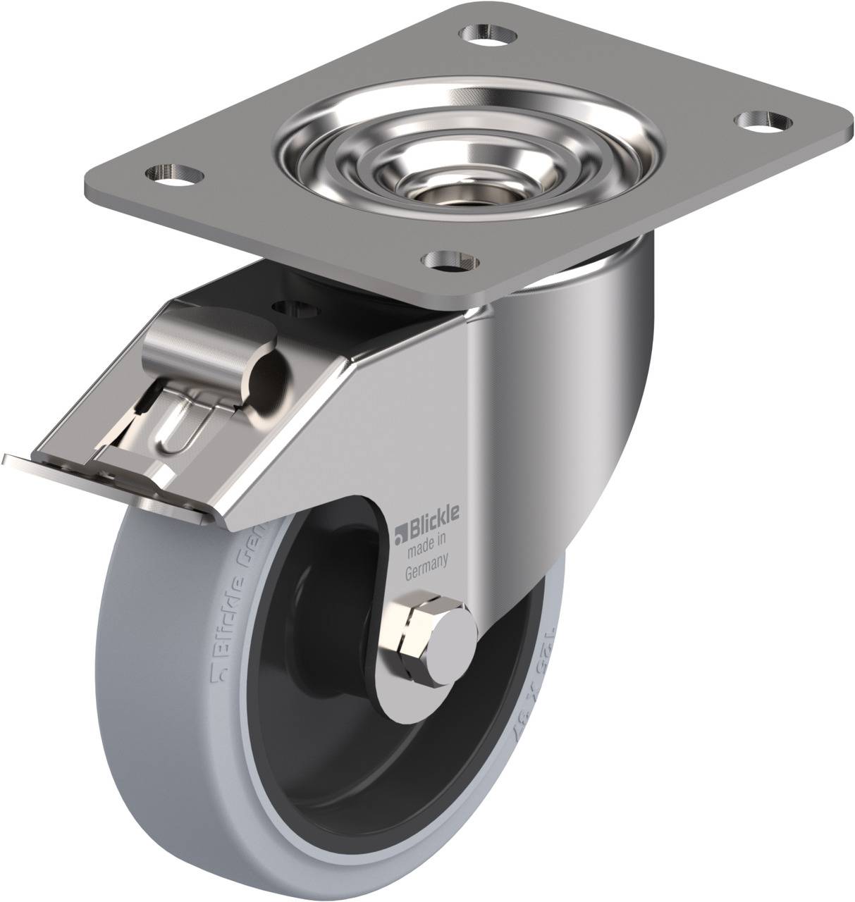 Metallisches Lenkrollenrad mit grauer Gummibeschichtung und rechteckiger Montageplatte. Geeignet für Möbel oder Geräte.