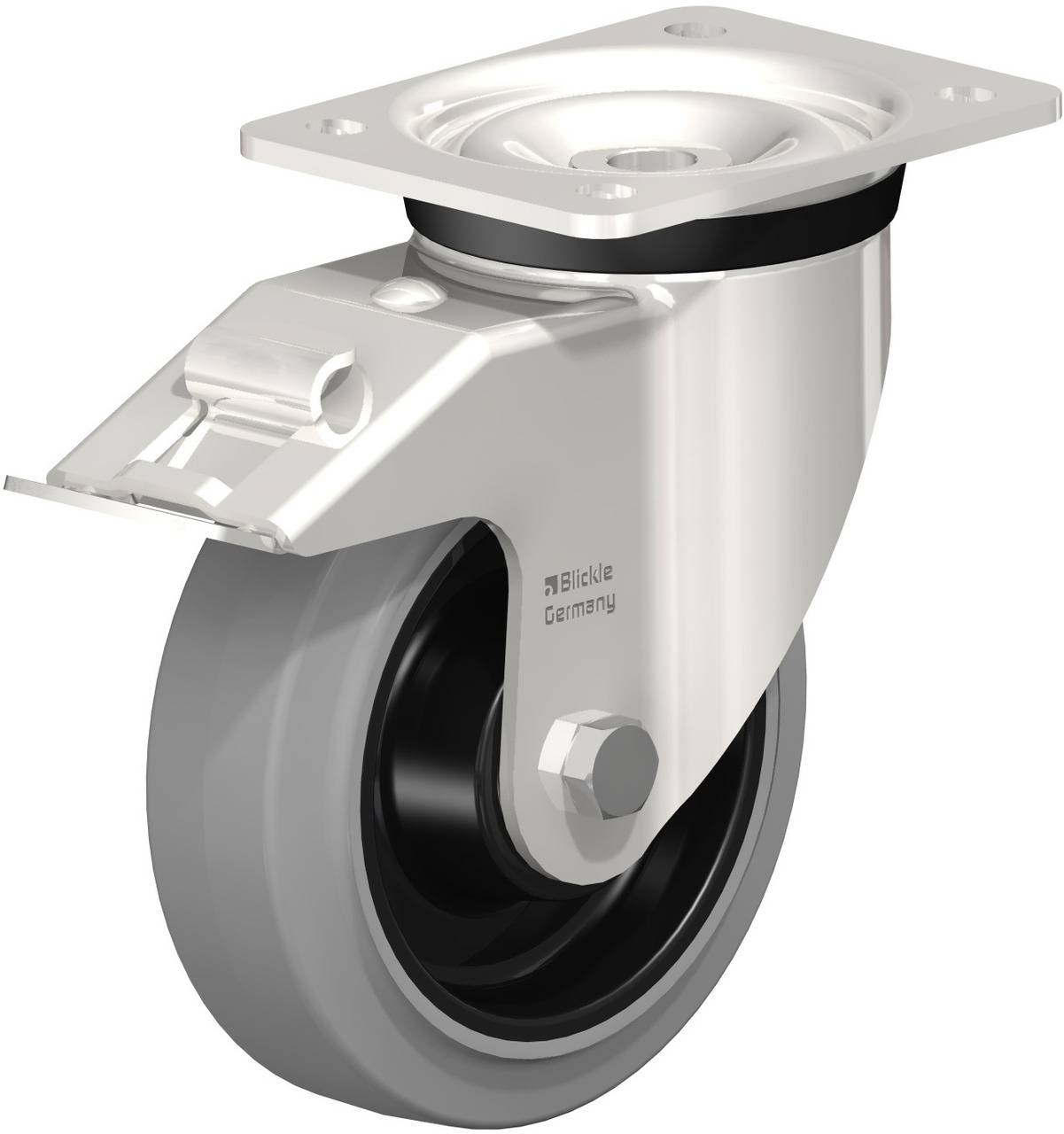 Metall-Industrie-Rolle mit grauem Rad und oberem Montageblech, geeignet für den Einsatz in Maschinen oder Transportwagen.