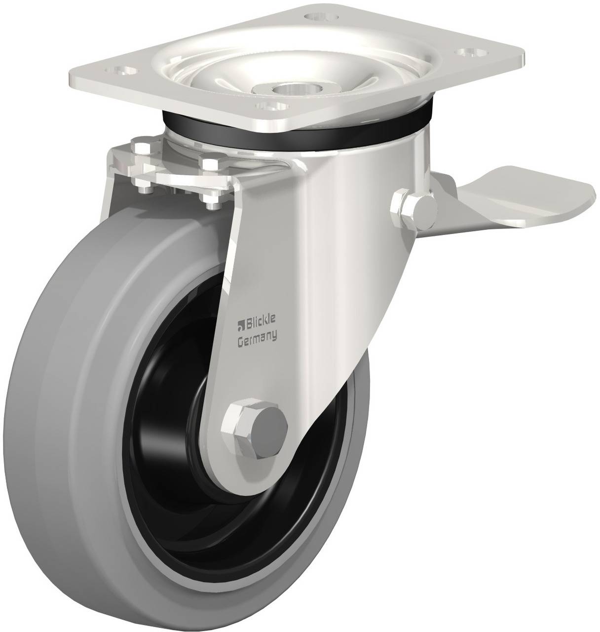 Graue Lenkrolle mit schwarzem Rad und Halterung, samt Fußbremse, von der Marke Blickle.