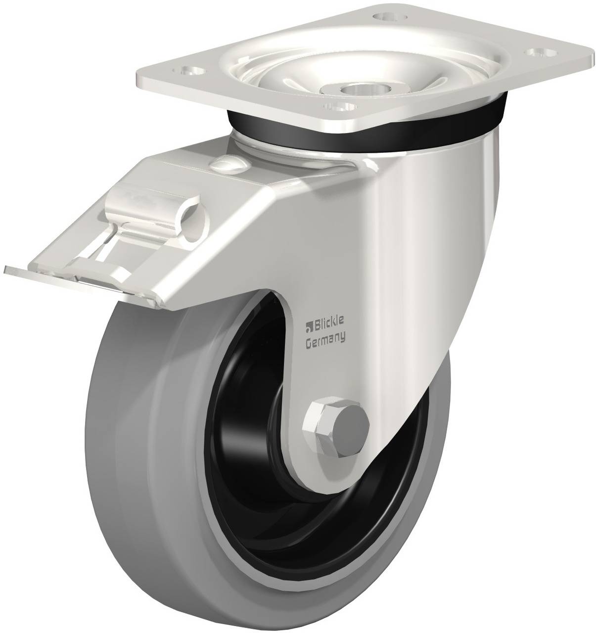 Hochleistungs-Lenkrolle aus Metall mit grauem Rad und Befestigungsplatte, geeignet für Möbel oder Geräte.