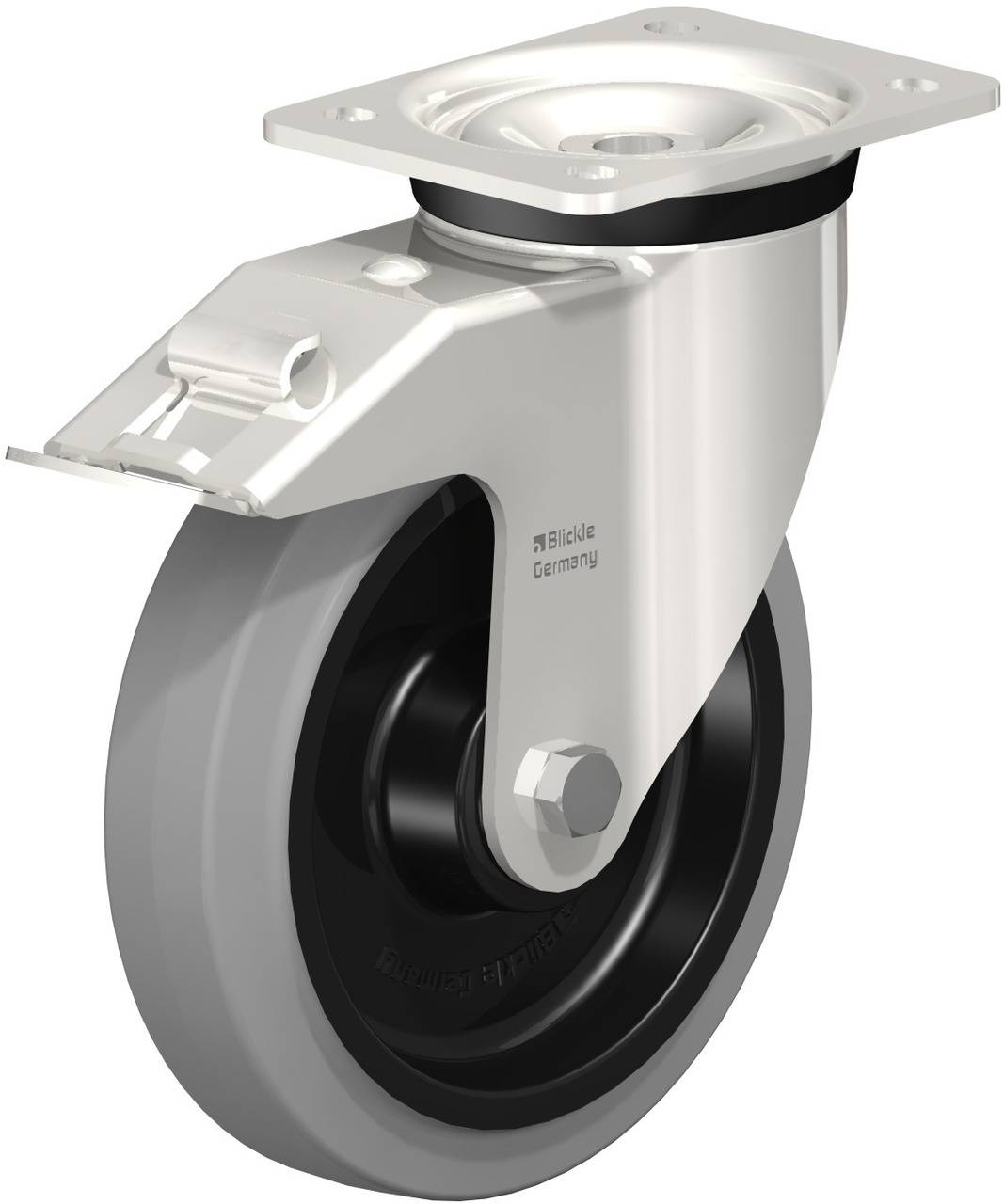 Ein schwenkbares Rad aus Metall und Kunststoff mit rechteckiger Montageplatte. Es zeigt Industrie-Design für Bewegungssteuerung.