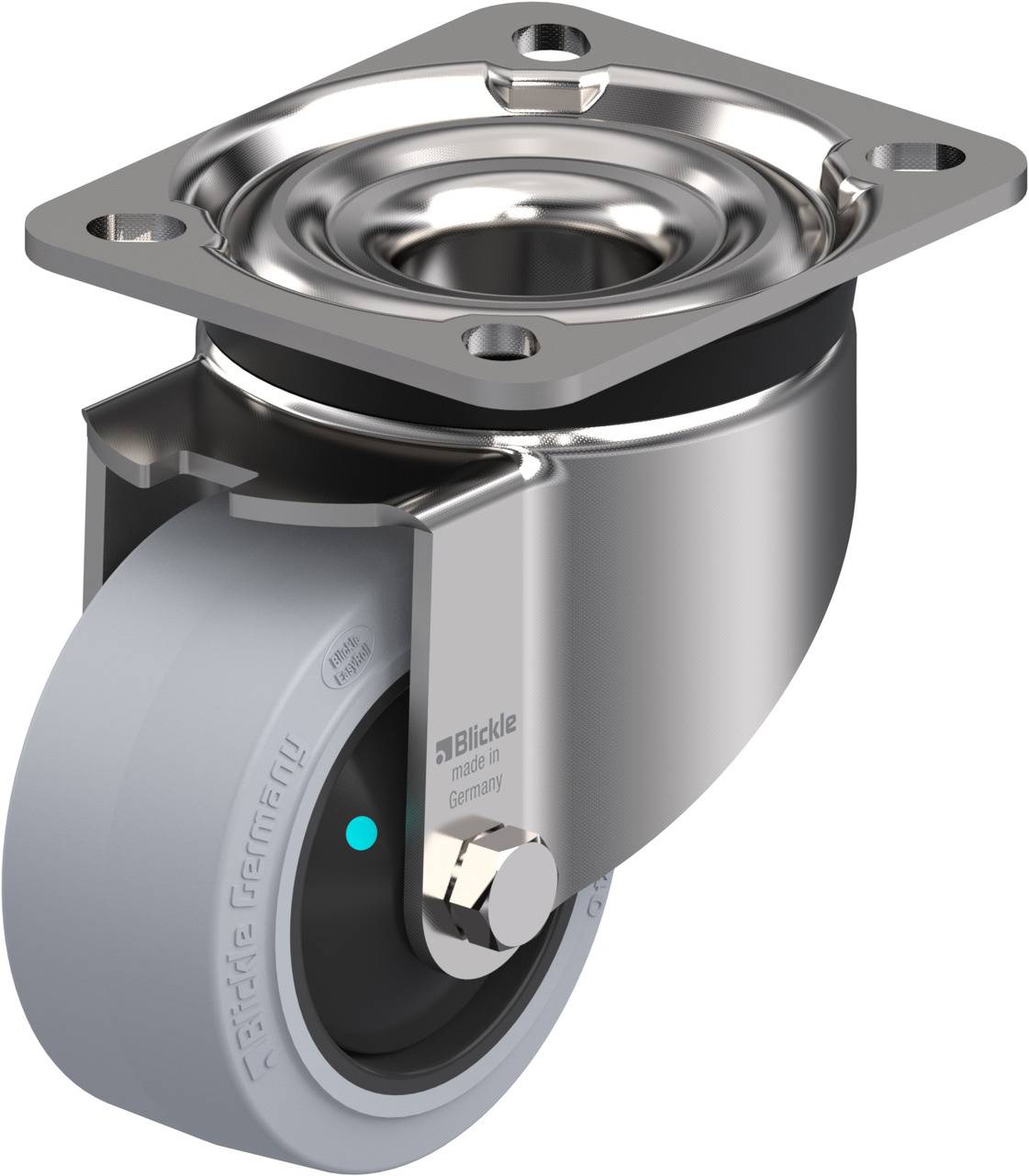 Metallrolle mit grauem Rad, montiert auf einer rechteckigen, silbernen Halterung; industrielles Bauteil zur Befestigung an Geräten.