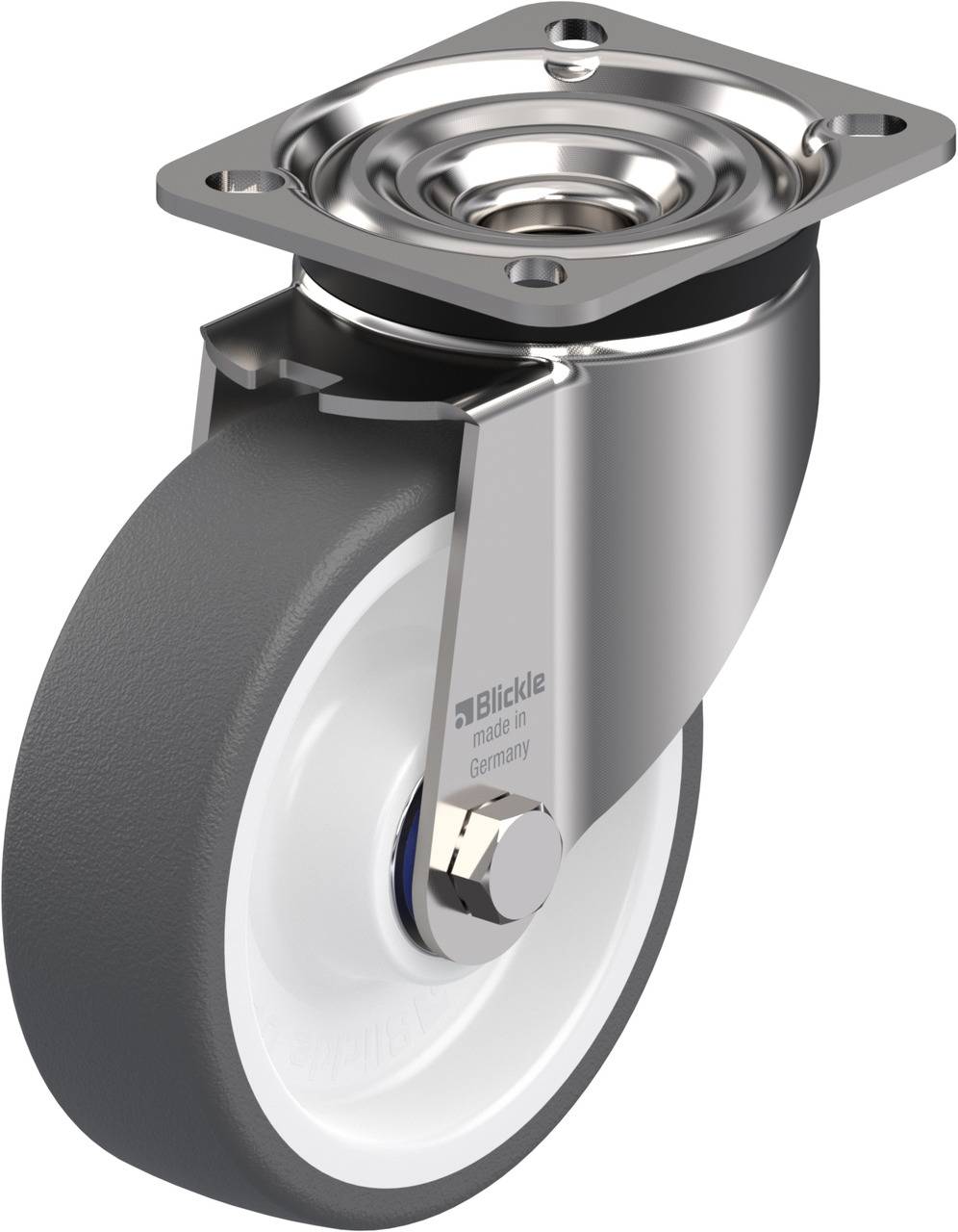 Schwenkrolle aus Metall mit grauem Rad. Designed für Schwerlast und hat eine Stahlhalterung.