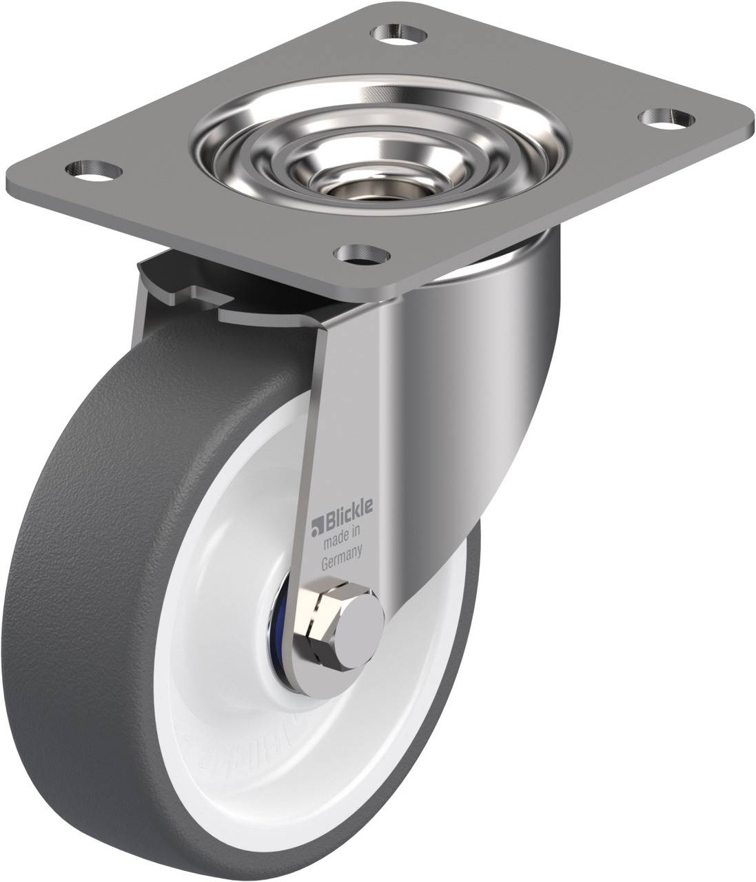 Rolle mit silbernem Gehäuse und schwarzem Rad, montierbar durch eine quadratische Metallplatte mit vier Löchern.