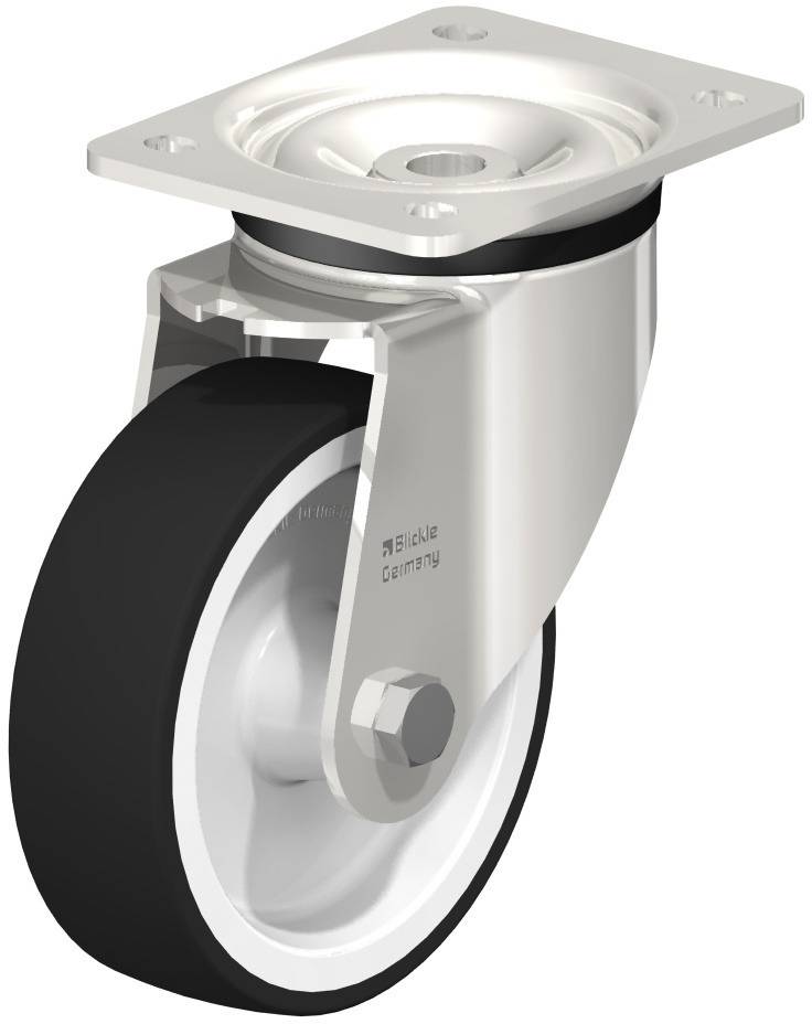 Lenkrolle aus Metall mit Gummireifen, geeignet für Möbel oder Transportgeräte. Montagesockel mit Schraublöchern zur Befestigung.