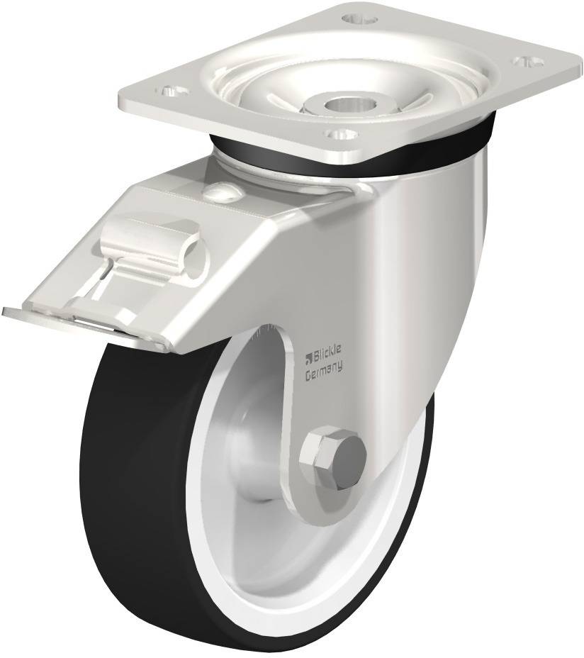 Ein Drehstuhlrad mit Metallplatte und schwarzem Reifen, verwendet zur Bewegung von Möbeln oder Geräten auf ebenen Flächen.