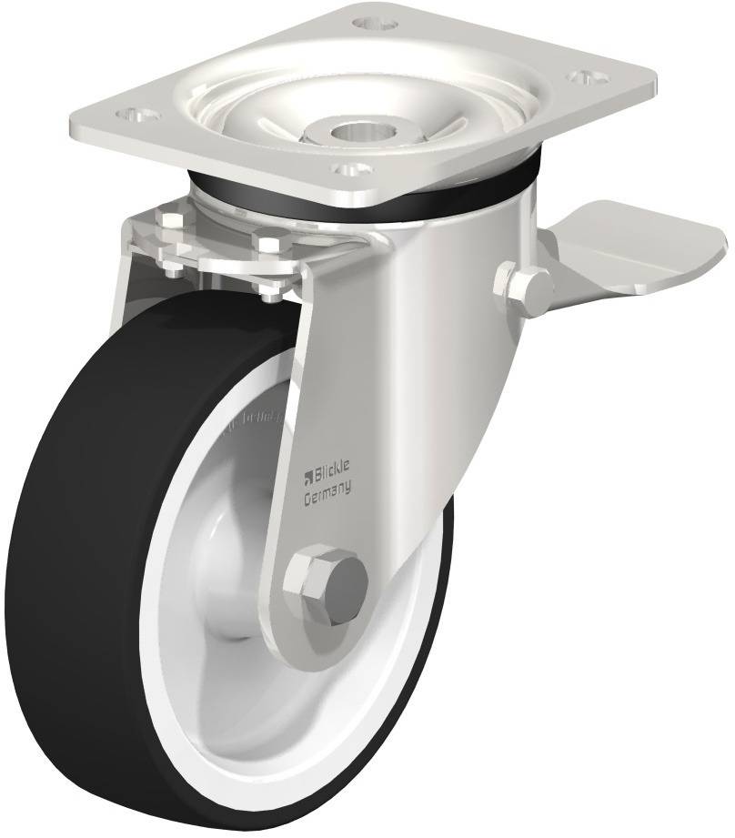 Metallrolle mit schwarzem Rad und Platte zur Befestigung. Geeignet für Möbel oder Industrieanwendungen.